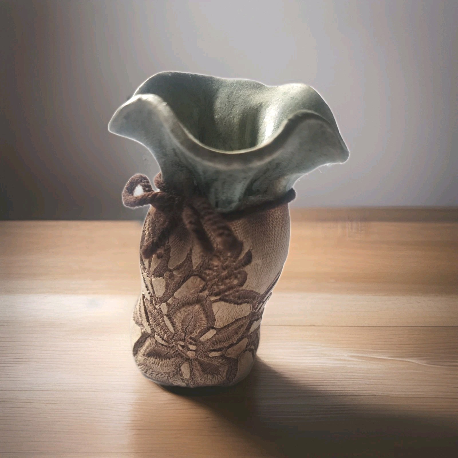 Blue Heron Pottery Bud Vase Floral Impressed/Ruffled Wrap/Buttons/Unique Signed