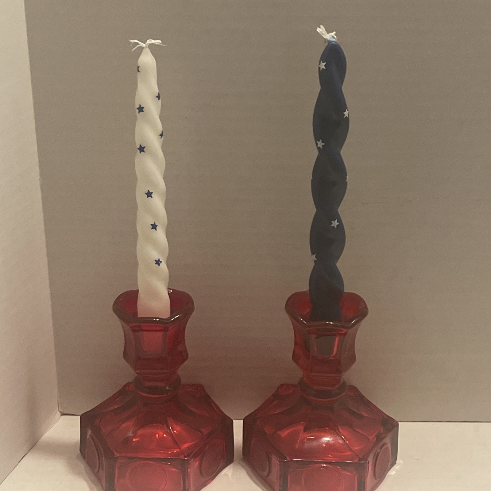 Fostoria Liberty Bell Ruby Red Glass Candlesticks Holders candles Red White Blue