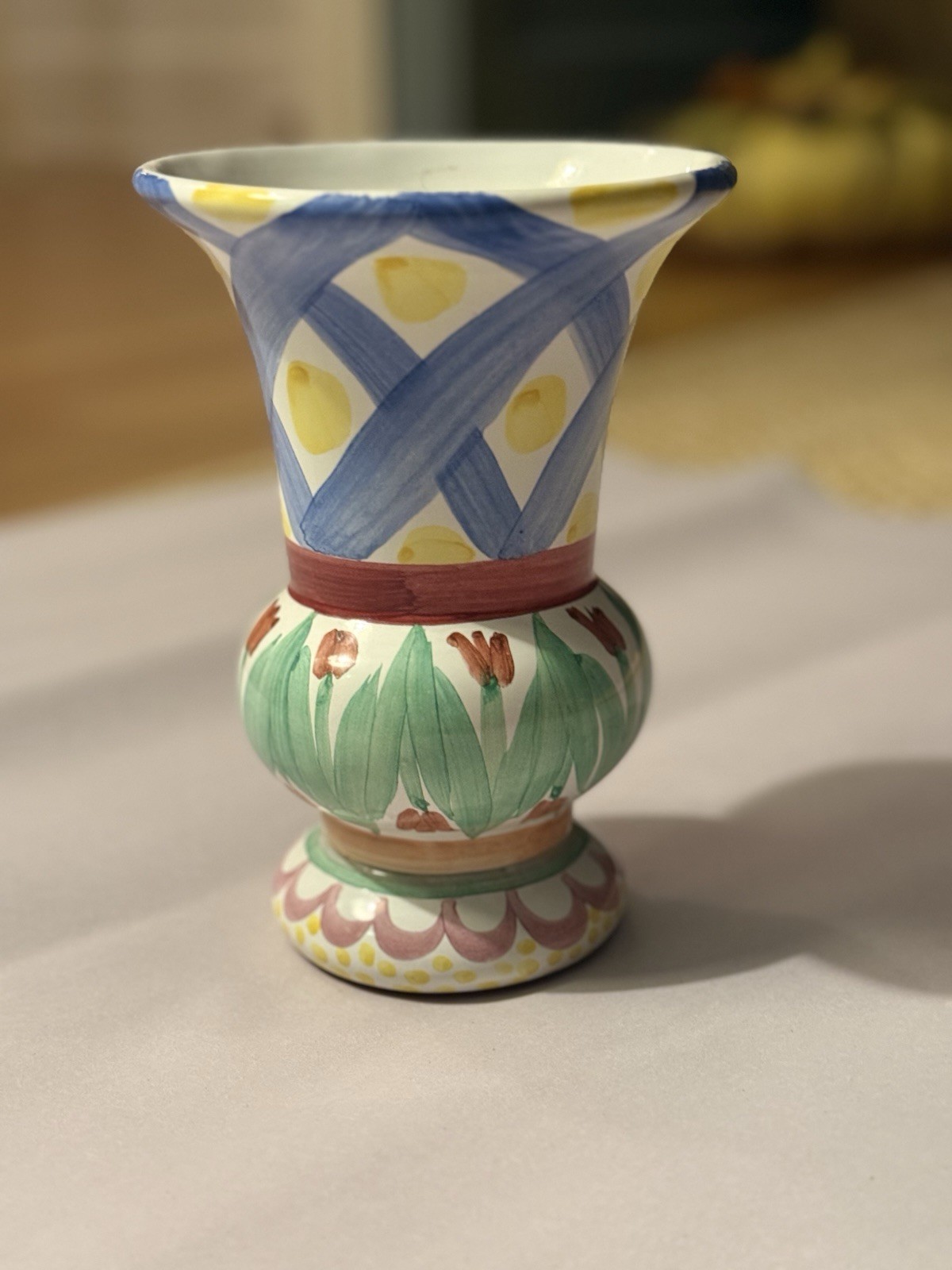 Mackenzie Childs Vintage Handpainted Majolica TAYLOR VASE in AALSMEER PATTERN.
