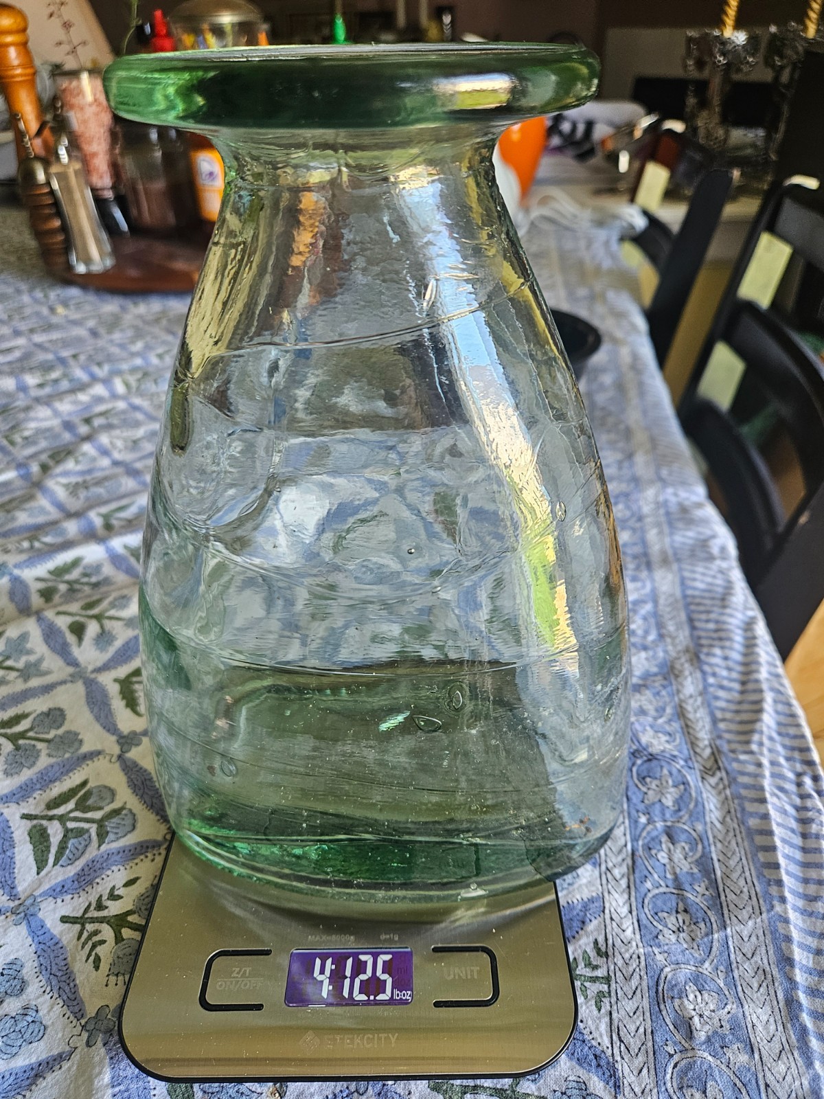 Vtg Heavy 10”H Clear Blue/Green Hand Blown Thick Glass Bubble Lipped Vase Art
