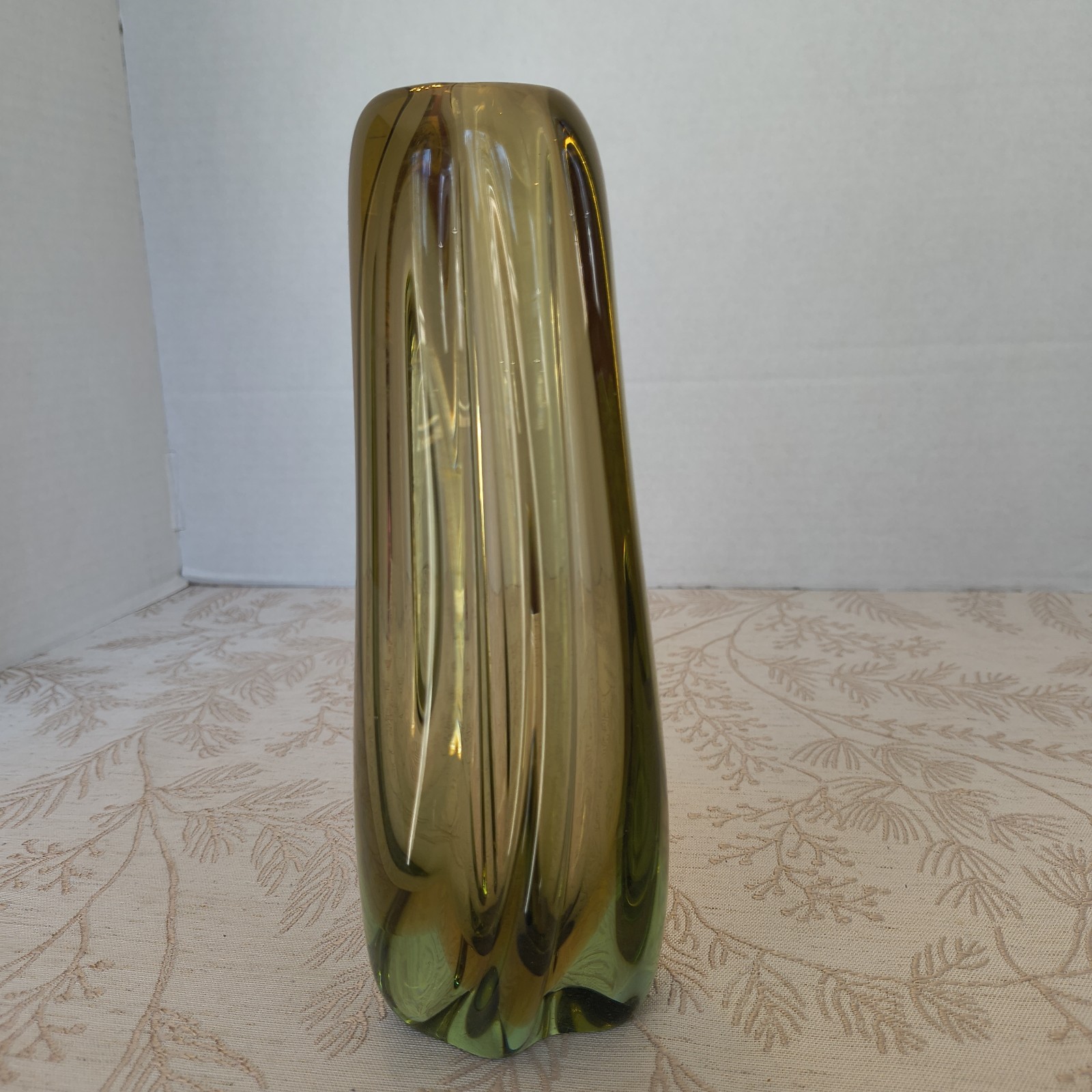 Vtg Sommerso Art Glass Vase Green Amber Mid Century Swirl 8.5″ Polished Bottom