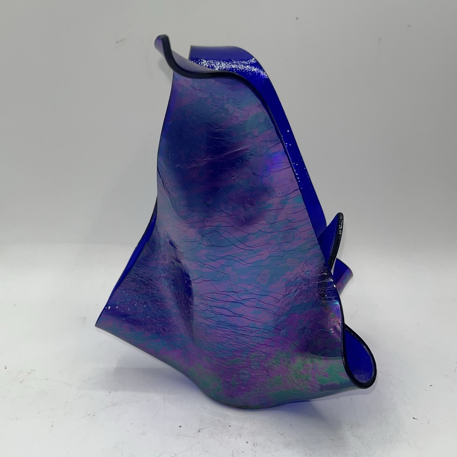 Iridescent Cobalt Blue Handkerchief Fused Art Glass Sculpture Vase Bowl 7”