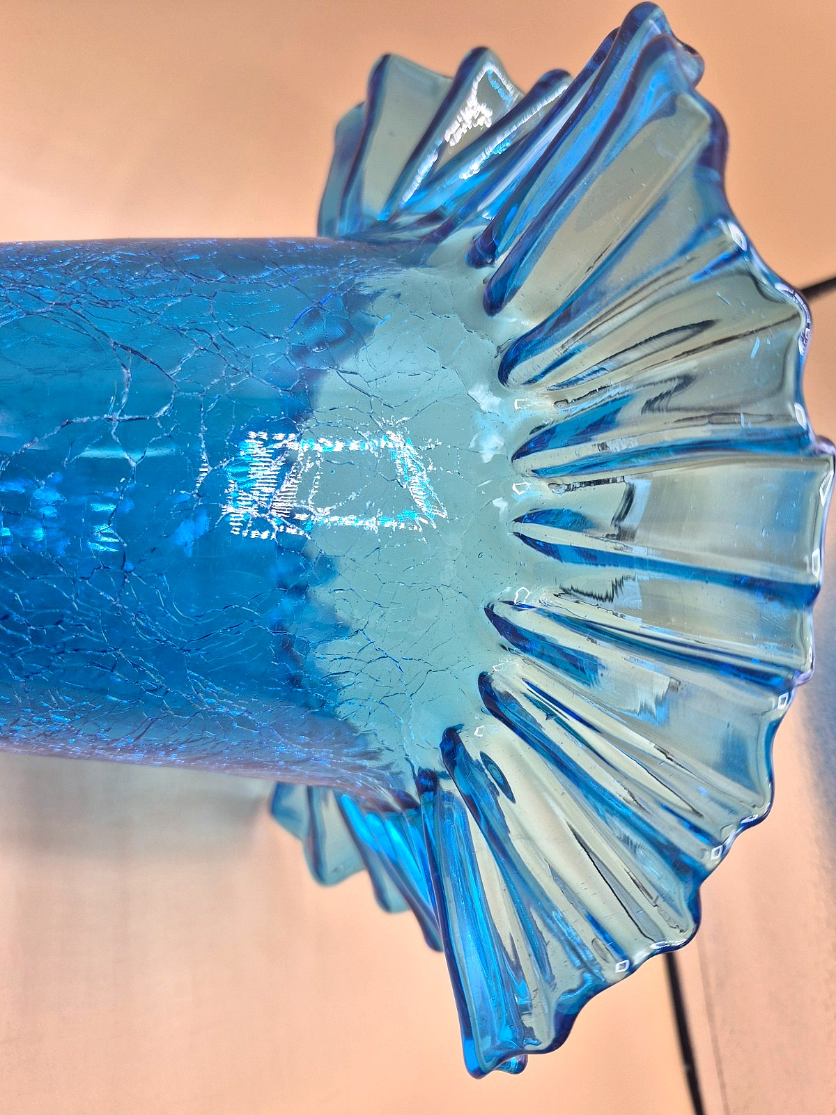 Vintage Beacon Blue Crackle Glass Ruffled Tulip Vase Pontil Base Excellent