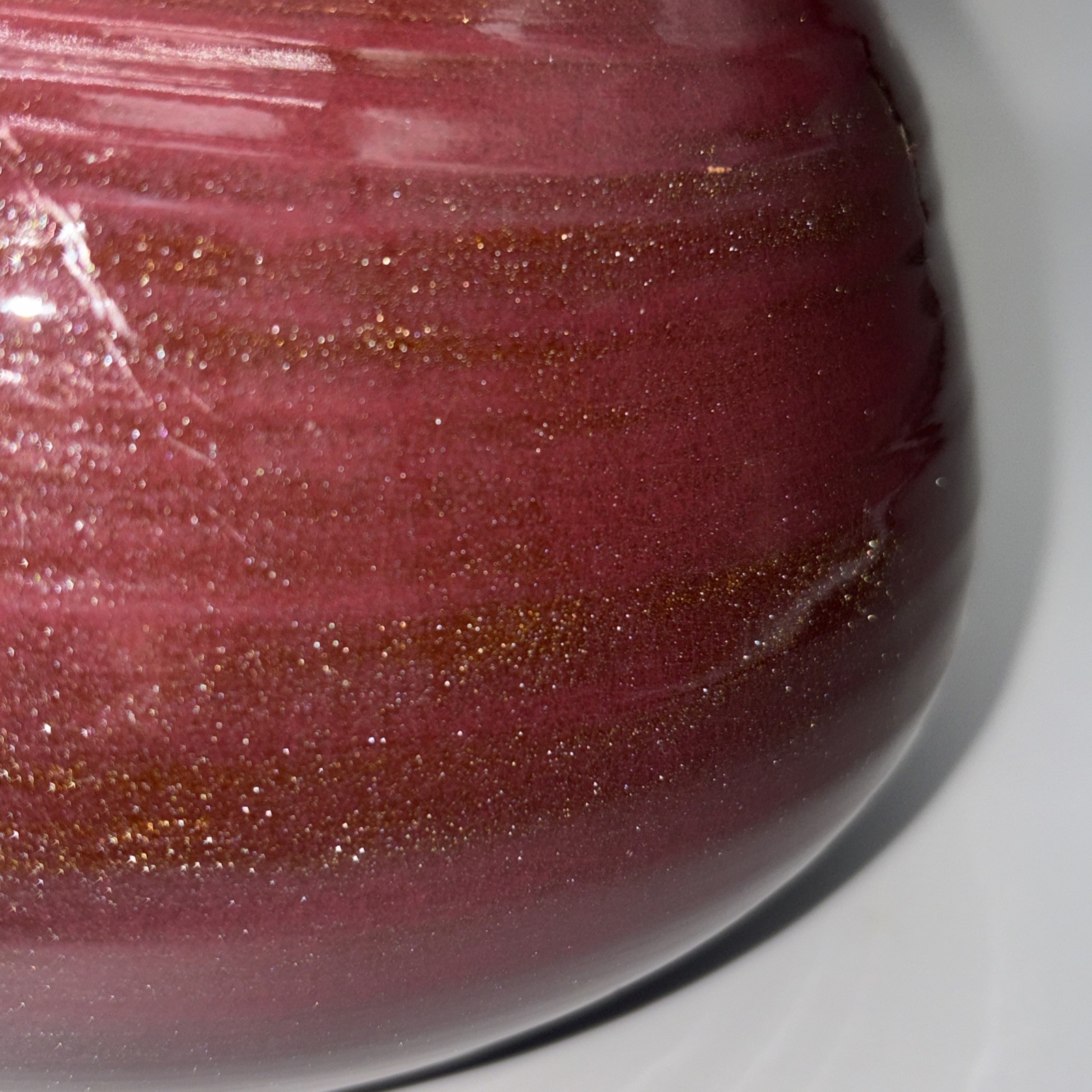 Signed Studio Art Pottery Squat Vase 2006 Maroon Gold Glitter Glaze 7″