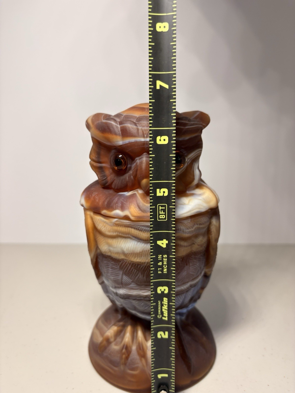 Vintage Imperial Caramel Slag Glass Owl Covered Dish AS-IS Chipped Ear w/Labels