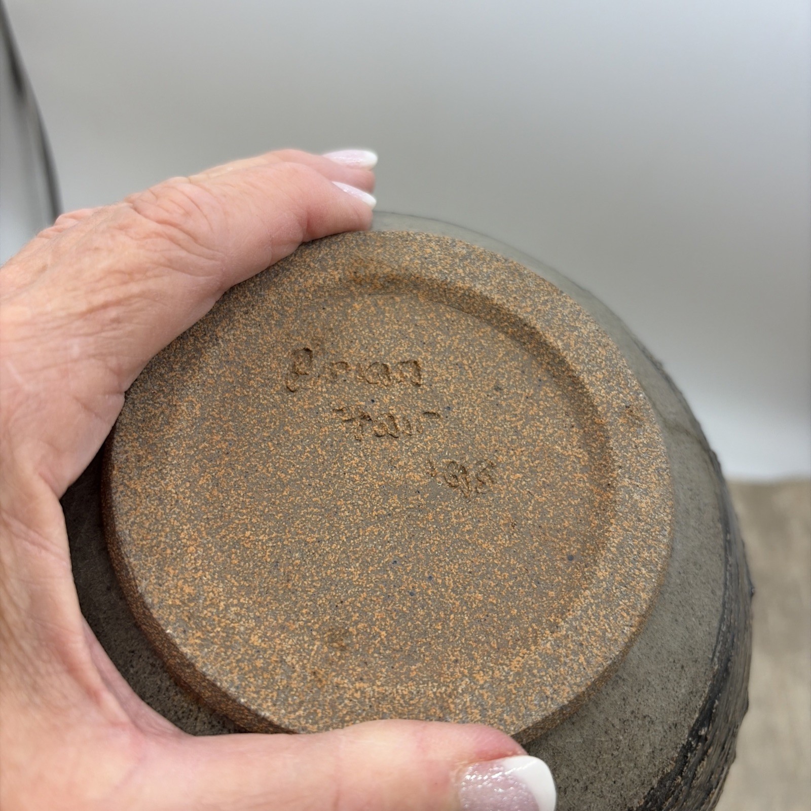 Handcrafted Studio Pottery case W/Metallic Grey Glaze & Textured Ribbed Signed