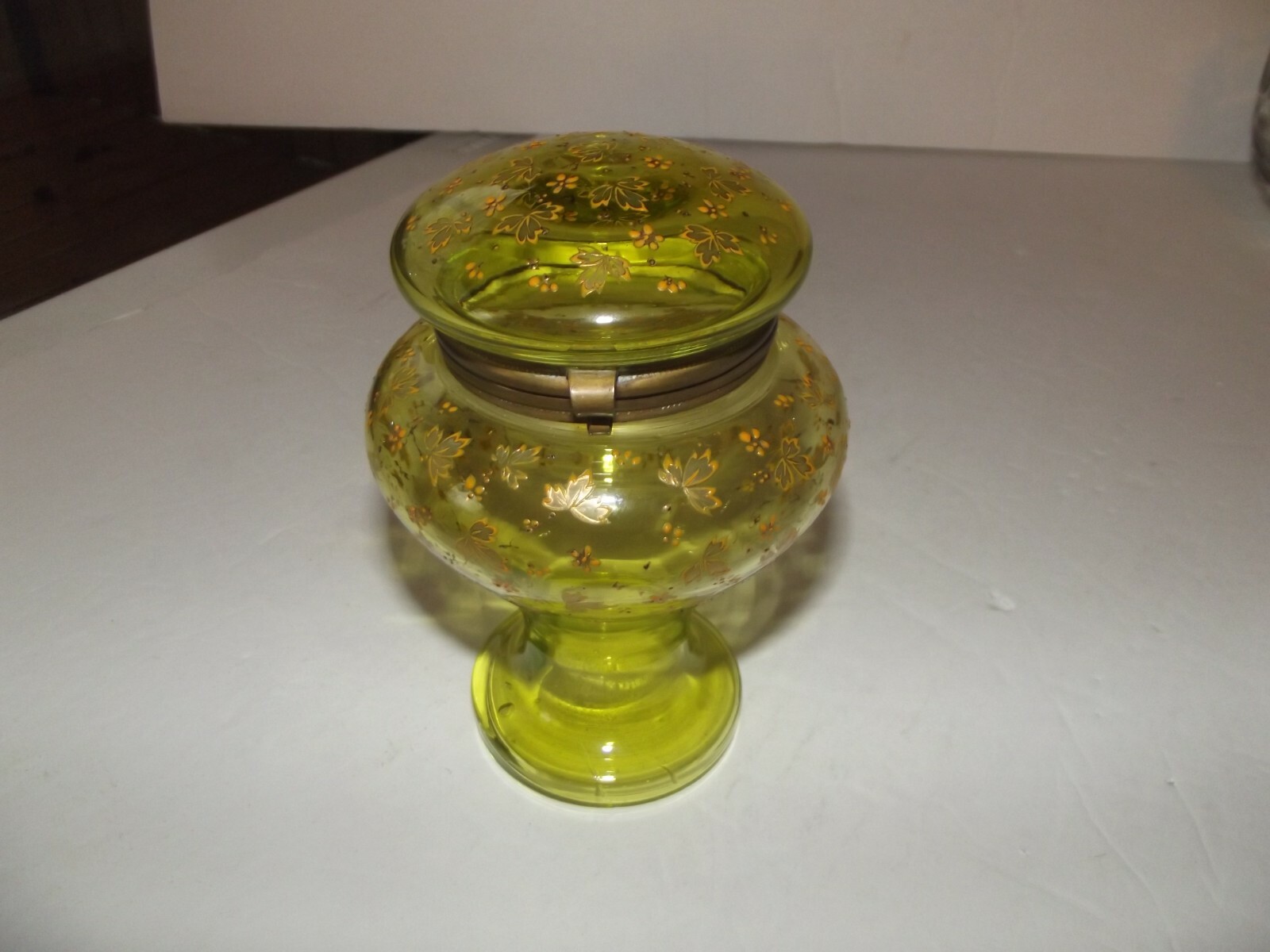 Hinged Jar Antique Green Glass enamel polychrome bohemian Moser Czech victorian