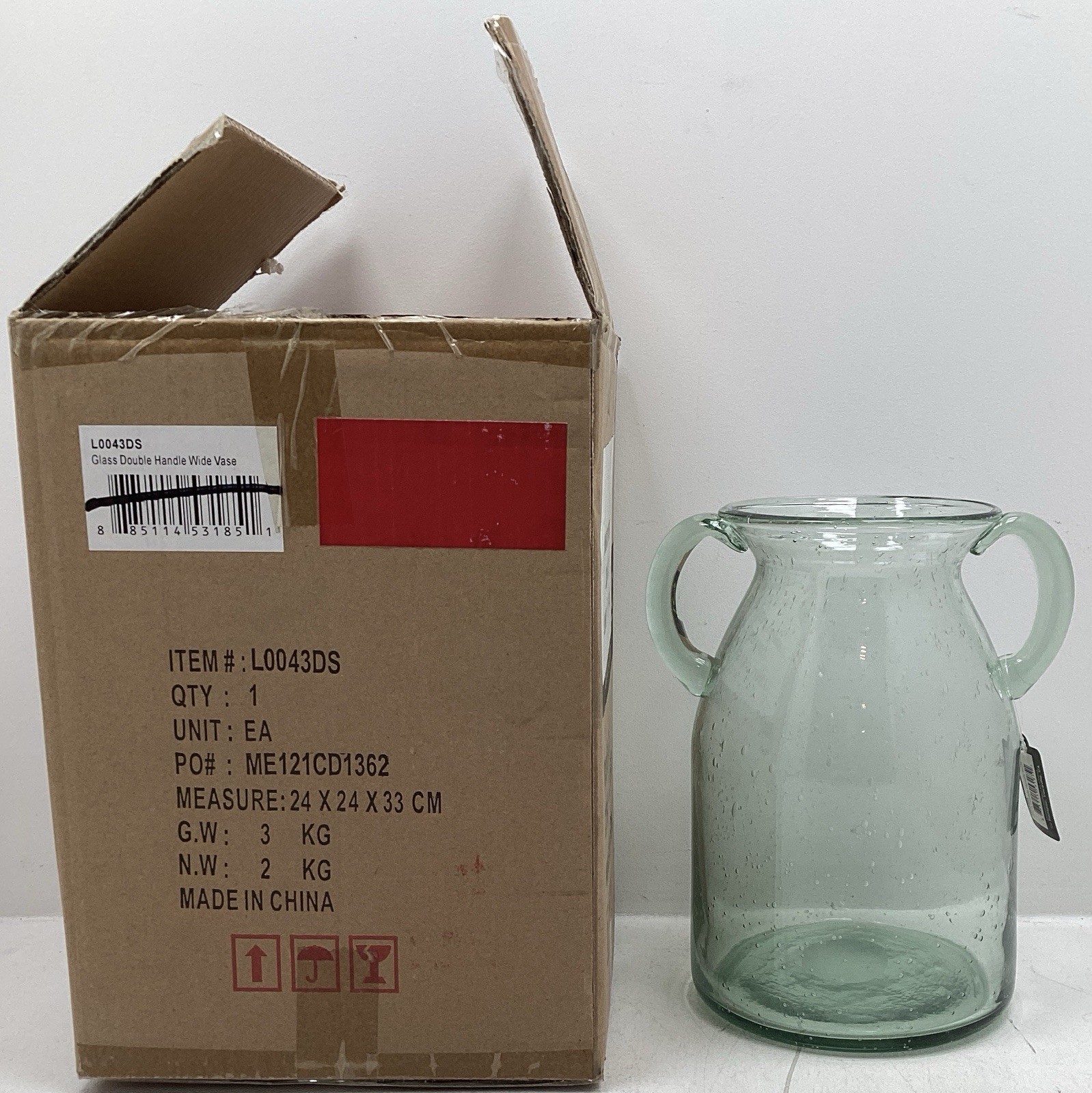 Transpac Clear Glass Wide Double Handle Vase New In Open Box