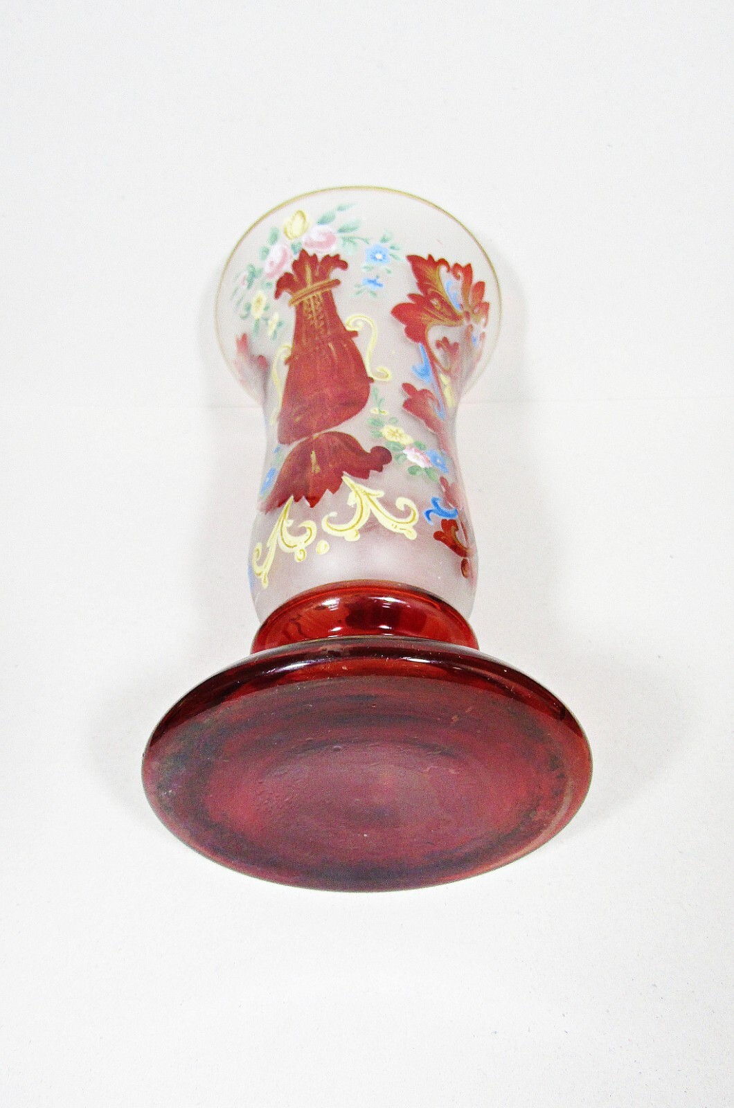Vintage Hand-Painted Ruby Red Bohemian Glass Vase – Gold Trim, 7″