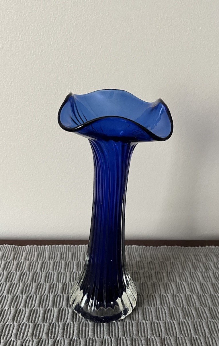 Cobalt Blue Clear Base Twisted MCM Jack in the Pulpit Swung Glass Vase 9.25″