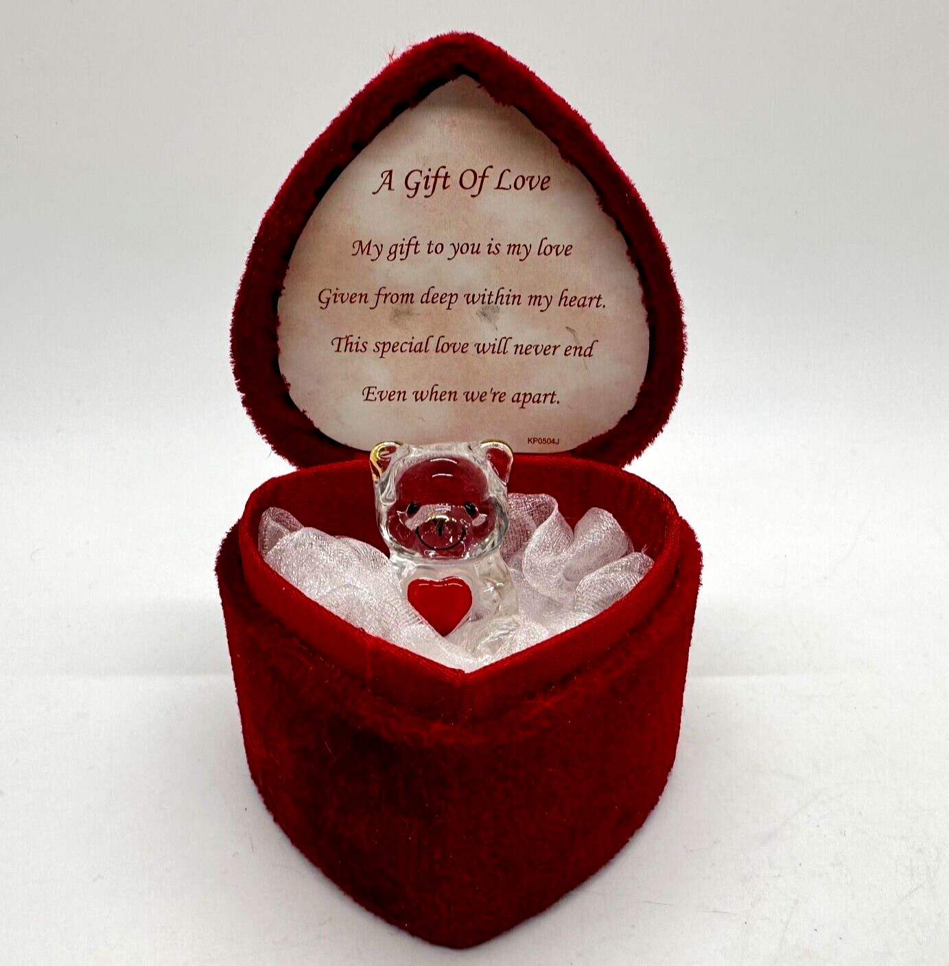 VTG BLOWN GLASS HEART TEDDY BEAR 1 3/4” & Heart Shaped Clamshell Case