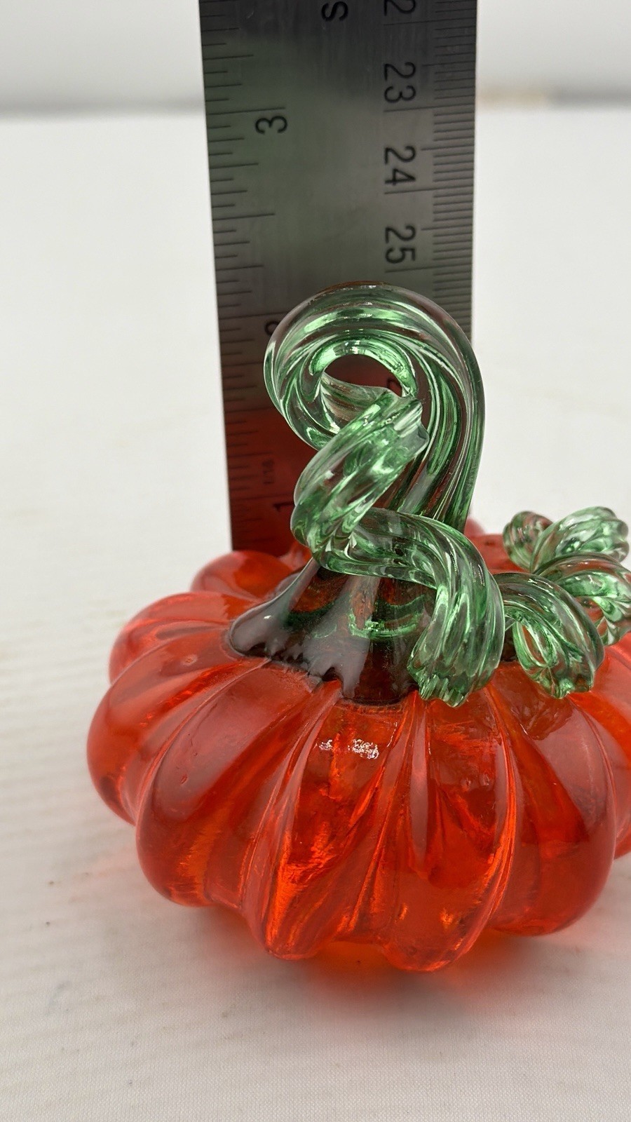 Art Glass Orange Pumpkin With Green Stem.2 3/4 Wide. Approximately 3 Inches Tall