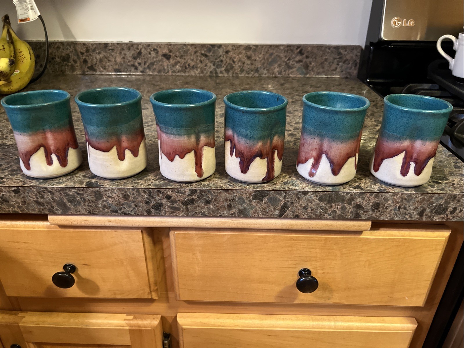(6) Walt Glass Studio Pottery Handless Juice Cups, Turquoise Drip Glaze Rare