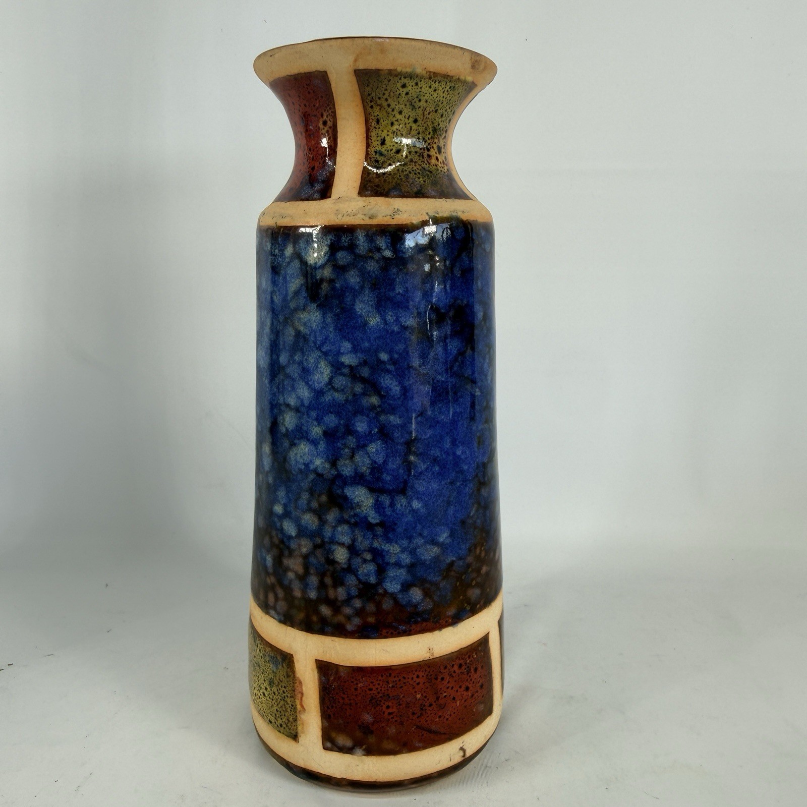 Vintage MCM Pottery Vase Fat Lava Style Stoneware Blue Green Red 7”