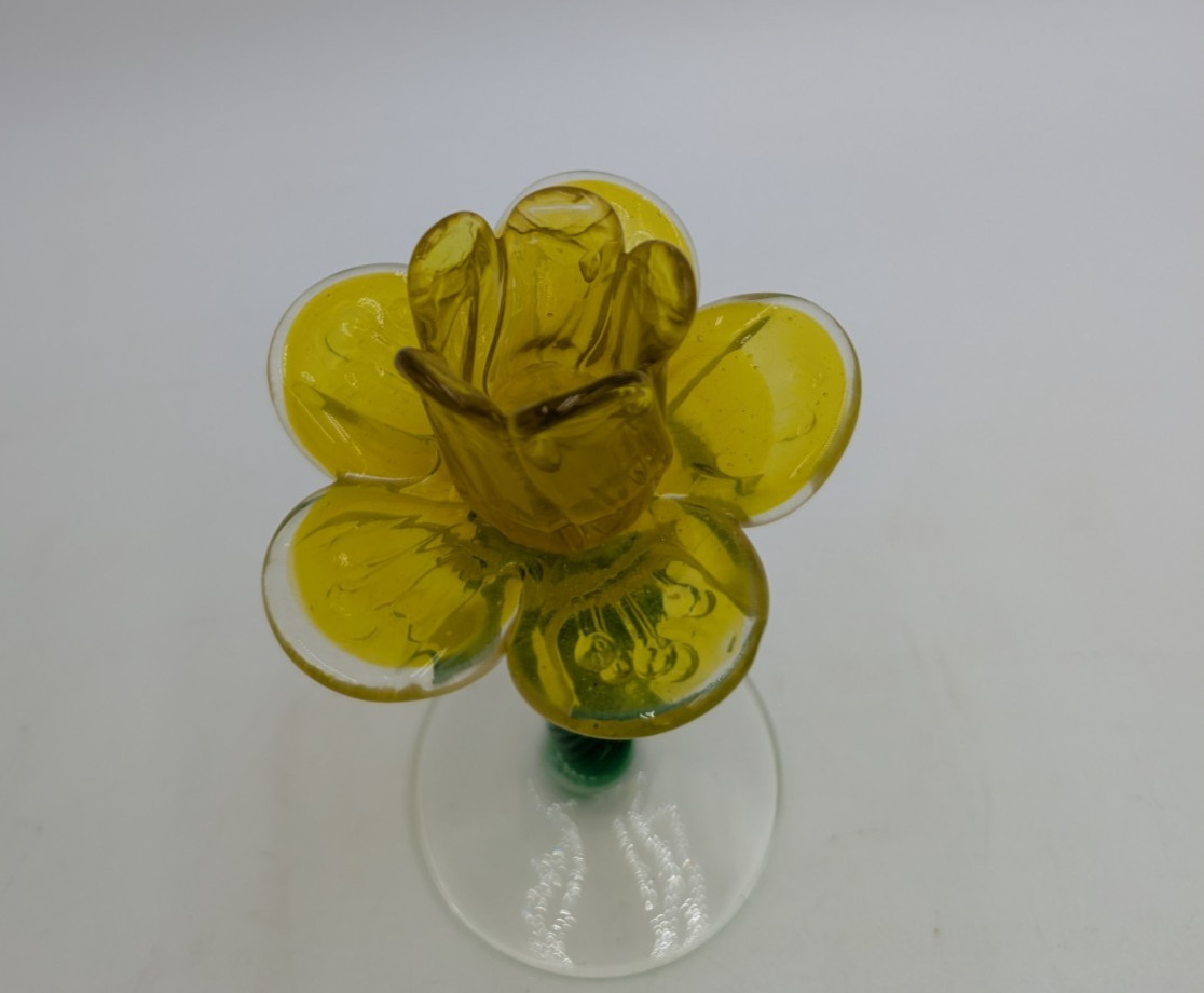 Vintage Daffodil Flower Glass Candlestick Holder Yellow Green Hand Blown