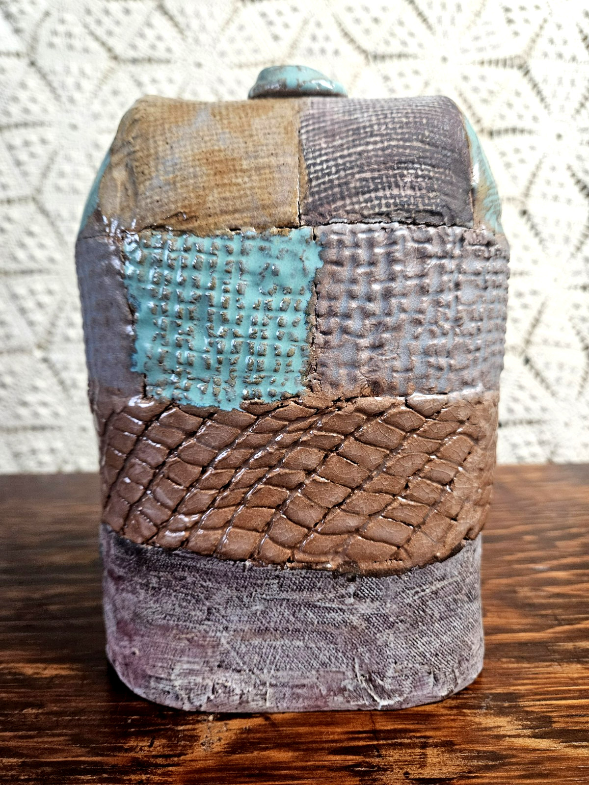 Patchwork Design Ceramic Flask Signed Studio Art Pottery W/Clay Cork Blue Brown