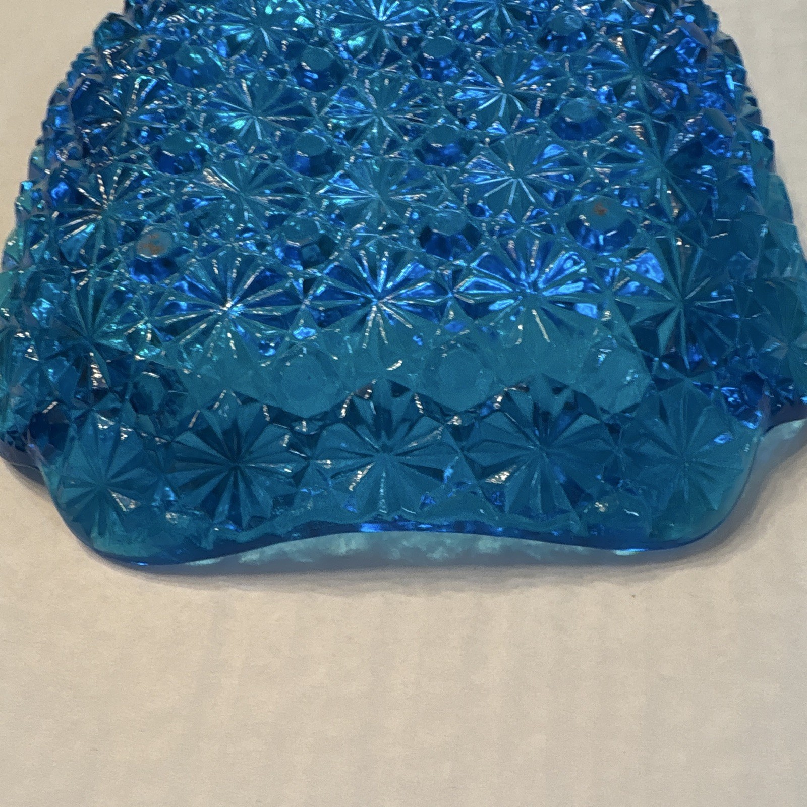 Blue Square Pressed Glass Starburst Theme Ashtray, Pressed Glass Technique