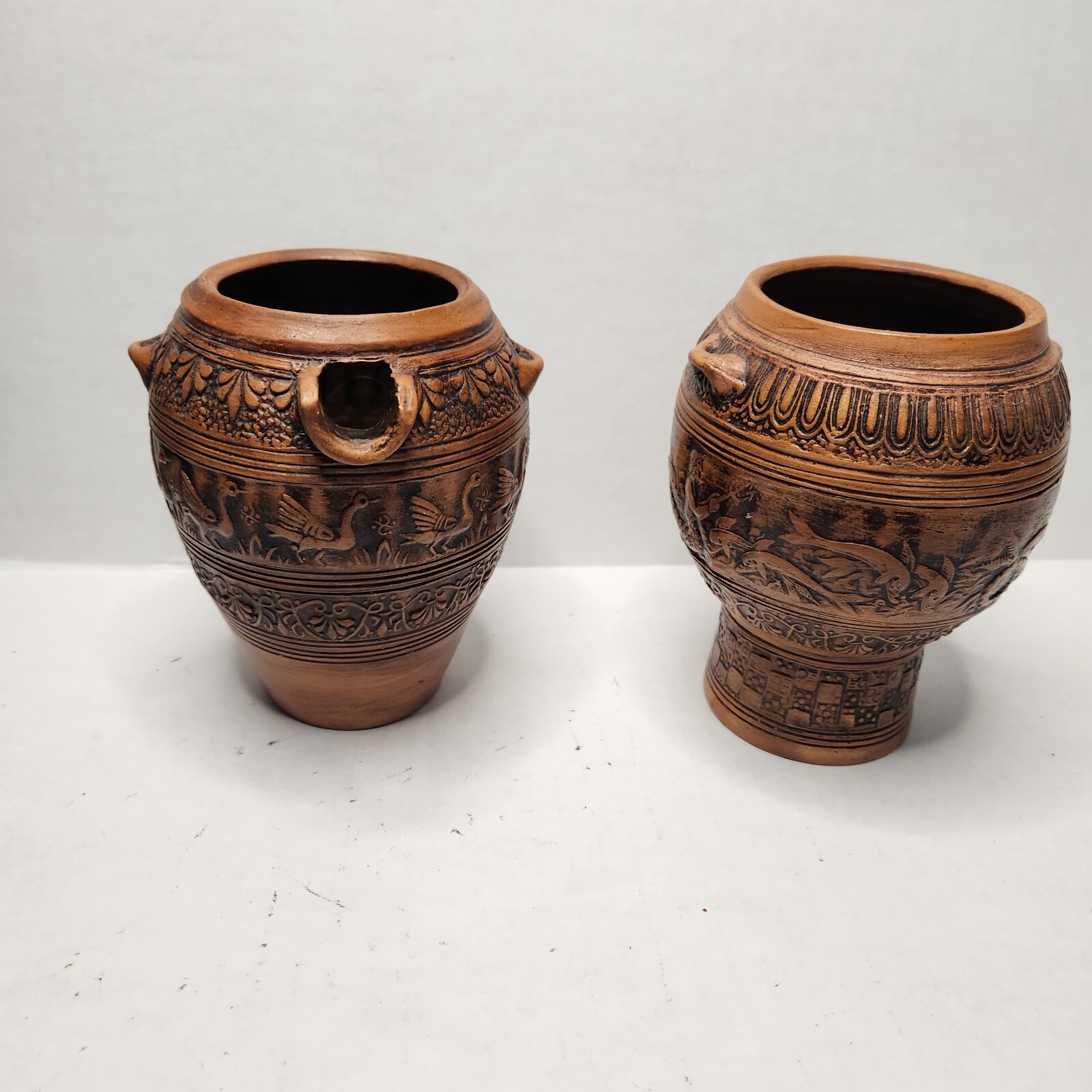Vintage Terra Cotta Clay Urn Vase Jug Pottery Pair Mermaid Seascape Birds 4.5″