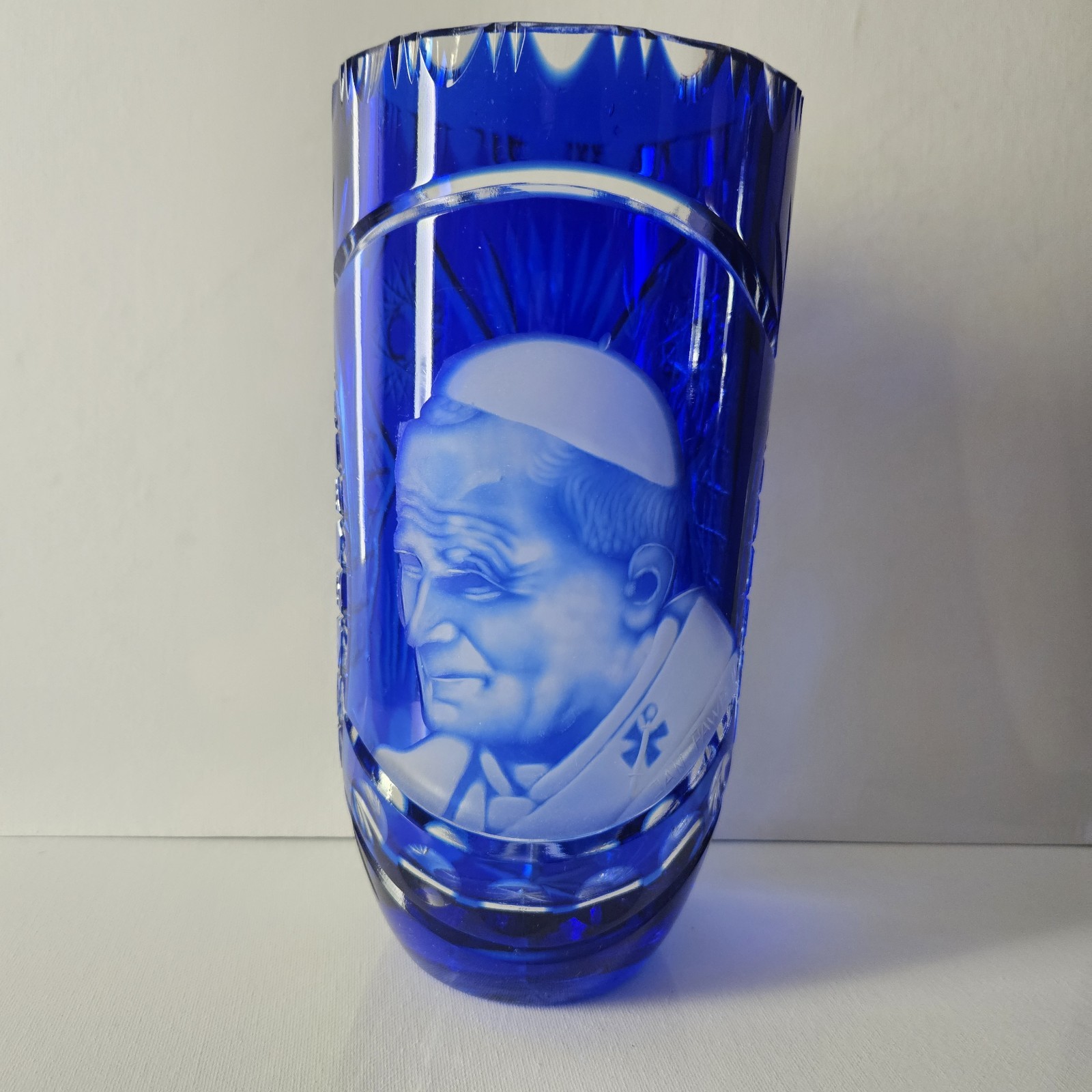 Cobalt Blue Cut To Clear Glass Vase Pope John Paul Bohemian Style 9.75″