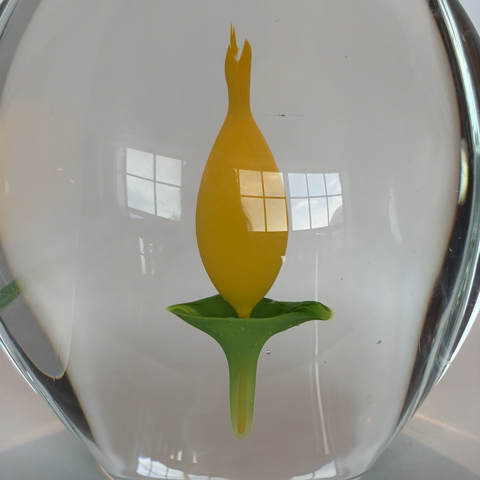 Vintage Beranek Czech Glass Paperweight with Yellow Calla Lily 5″H