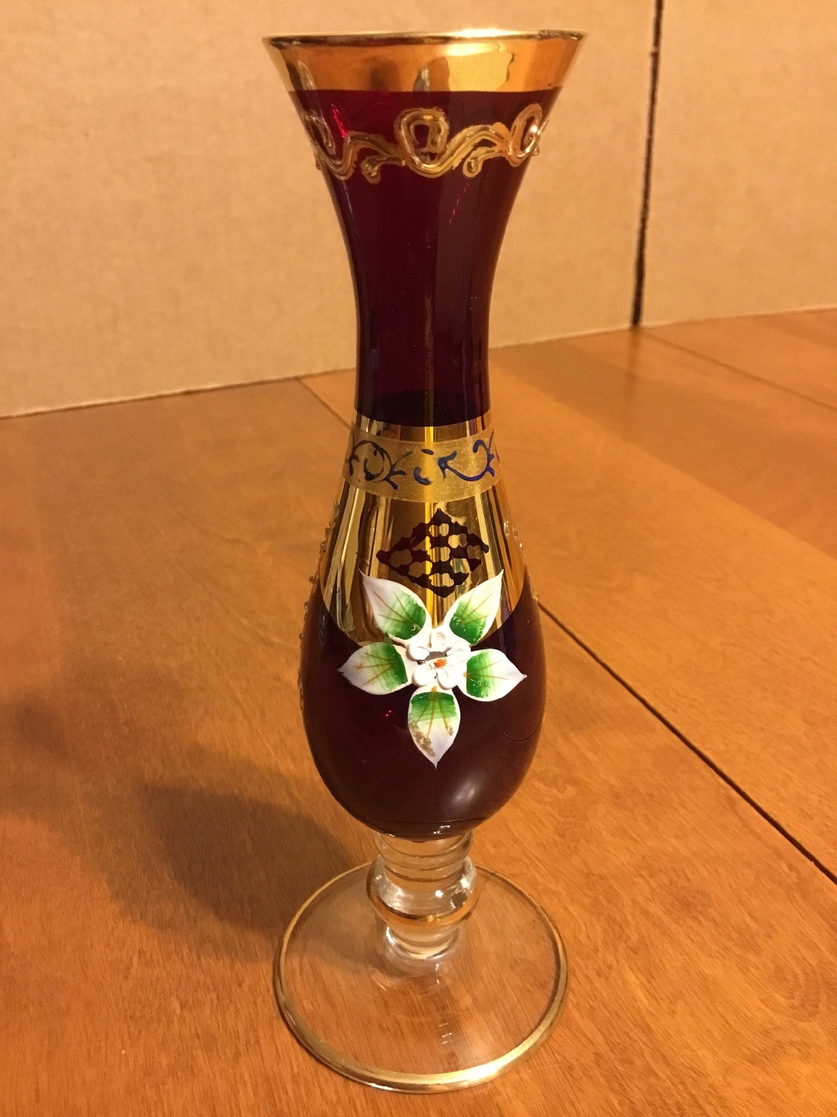 Vintage Ruby Red & Gold Hurricane Style Glass Painted Flowers Vase 6.75” Tall