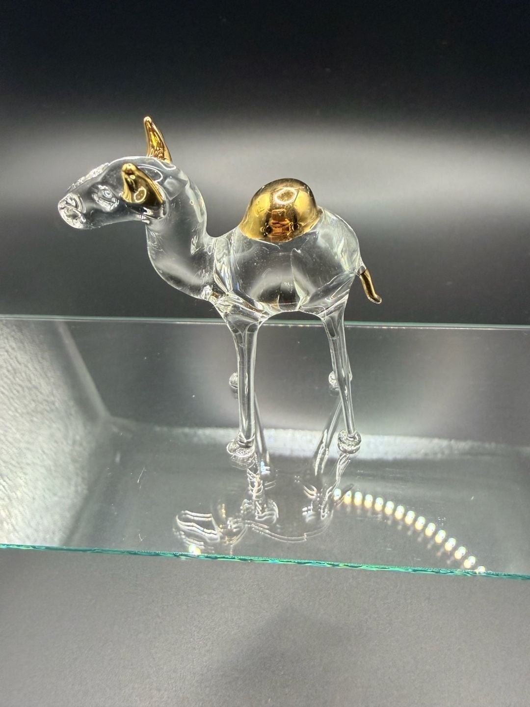 Murano Style Clear Glass Camel Figurine with Gold Accents