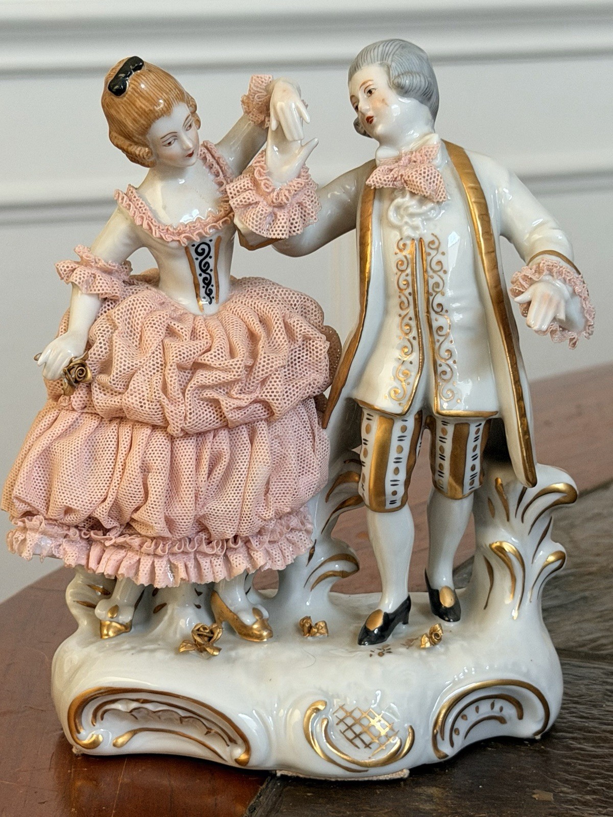 Rare & Antique Dresden Dancing Couple Porcelain Figurine With Lace~ Back Damage