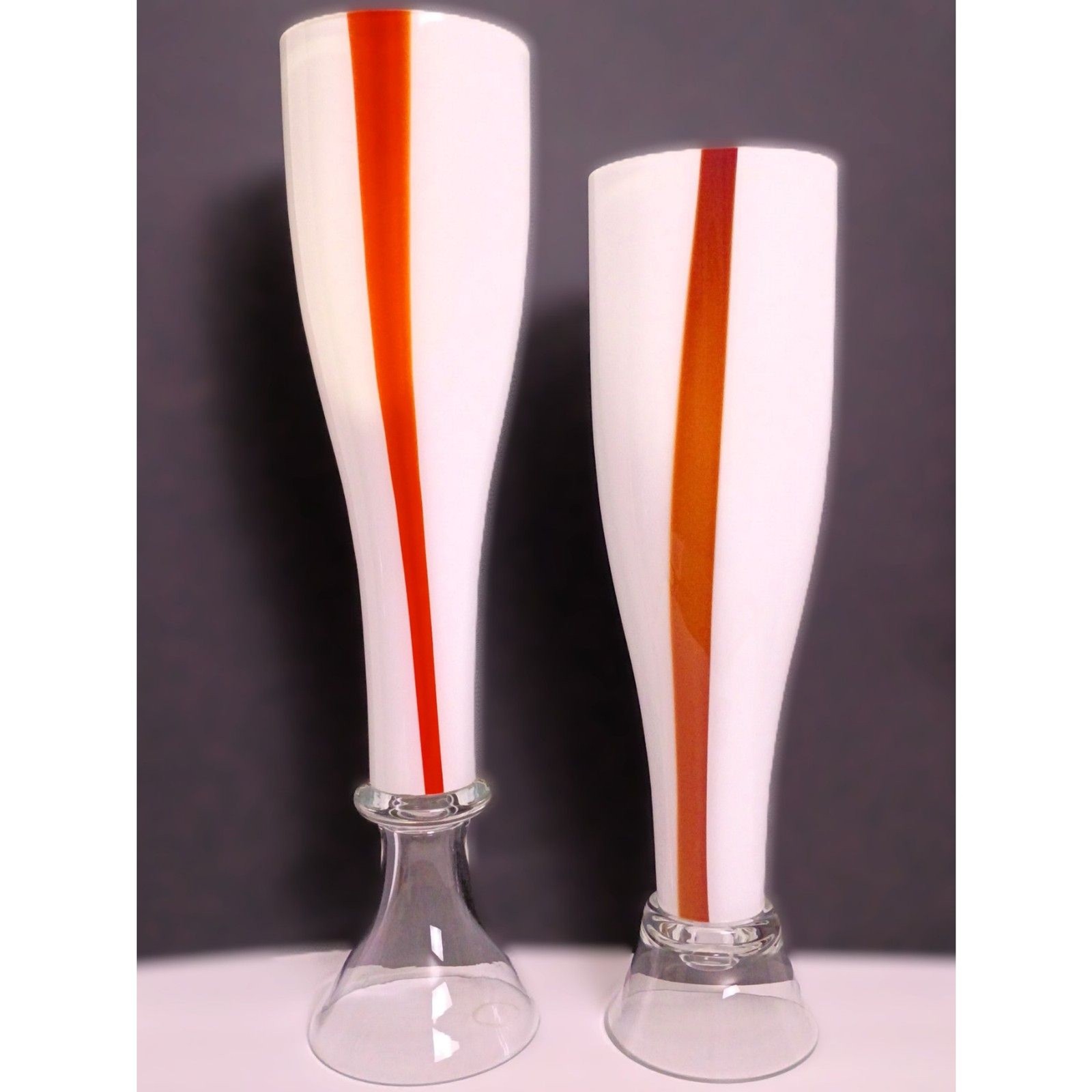 Pair of Krosno Polish Art Glass Hand Blown Vase White Opaque Vertical Red Stripe