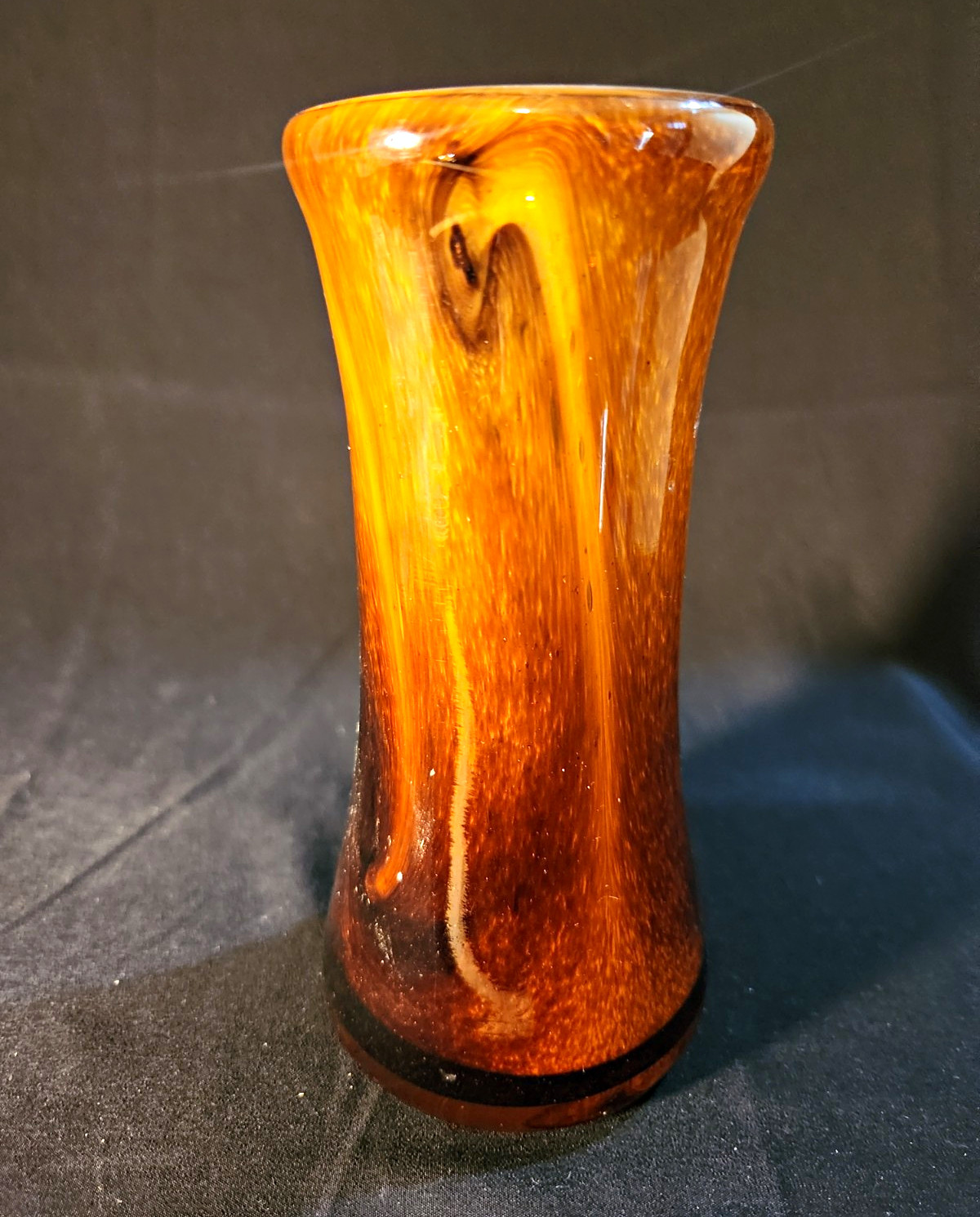 Brown & Amber Swirl Art Glass Decorative Vase Glossy Finish 8 in Tall