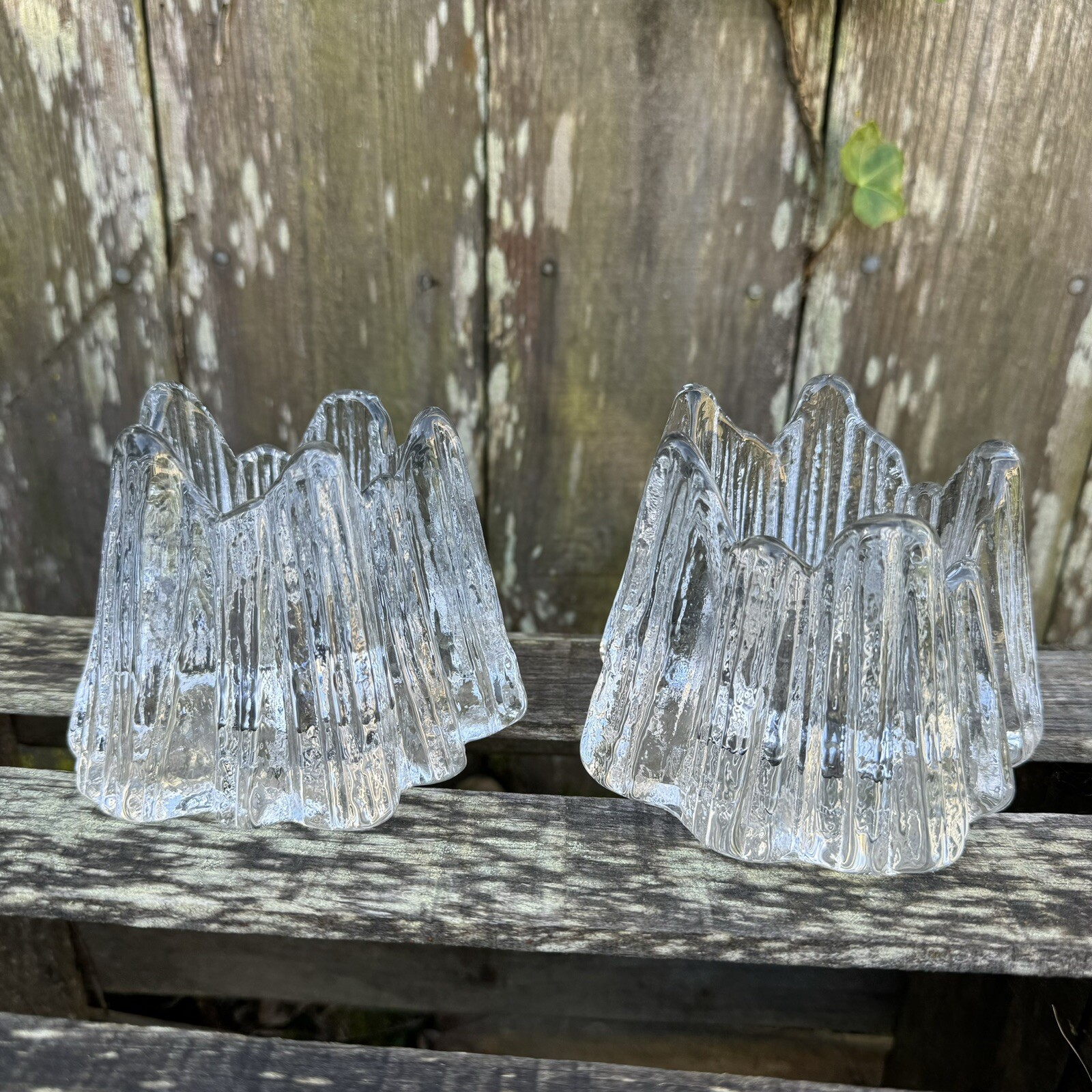 Nybro Volcano Candle Holder Clear Votive Textured Art Glass w/ Box VTG Set of 2