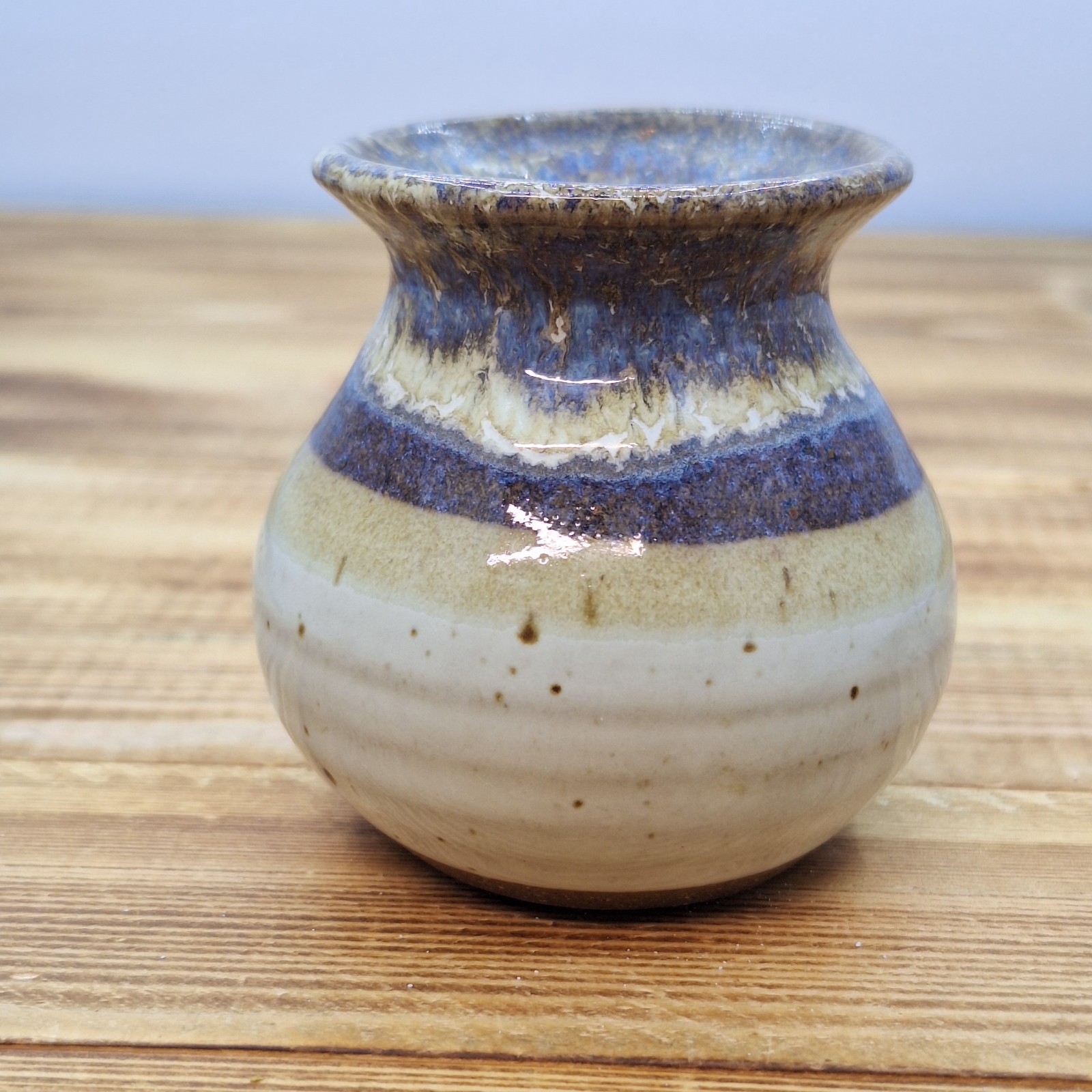 Art Pottery Drip Glaze Mini Bud Vase Purple Blue Brown 3″ Tall Stoneware