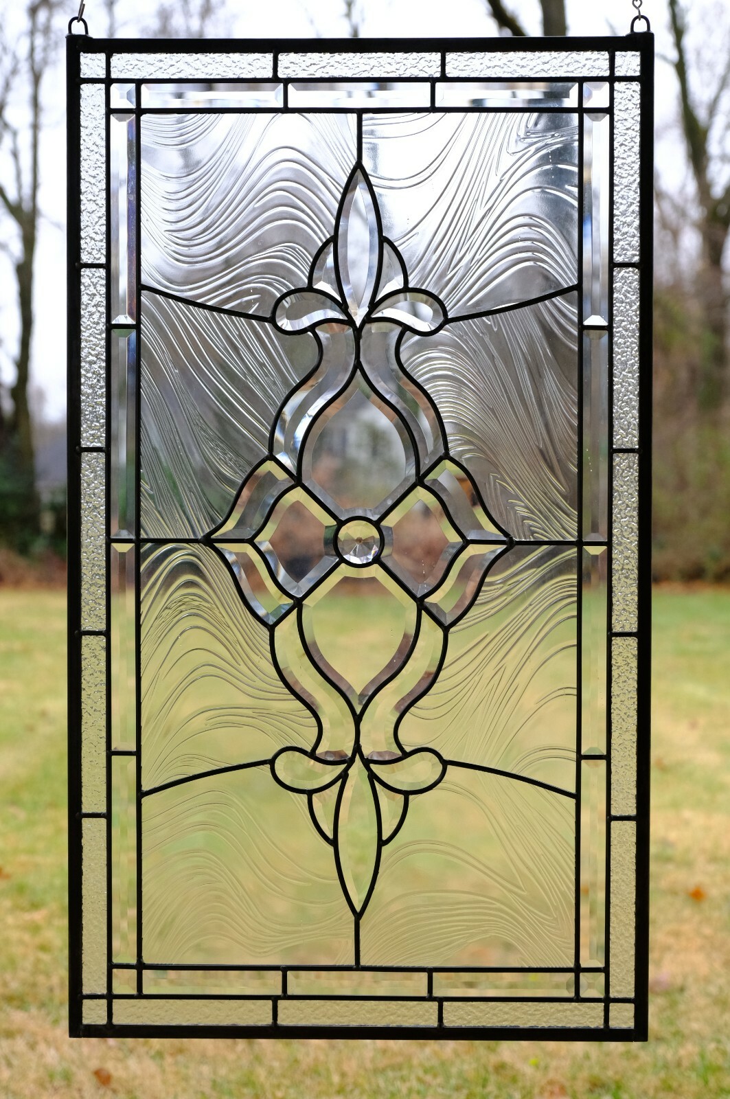 Stunning Handcrafted All Clear stained glass Beveled window panel, 20″ x 34″