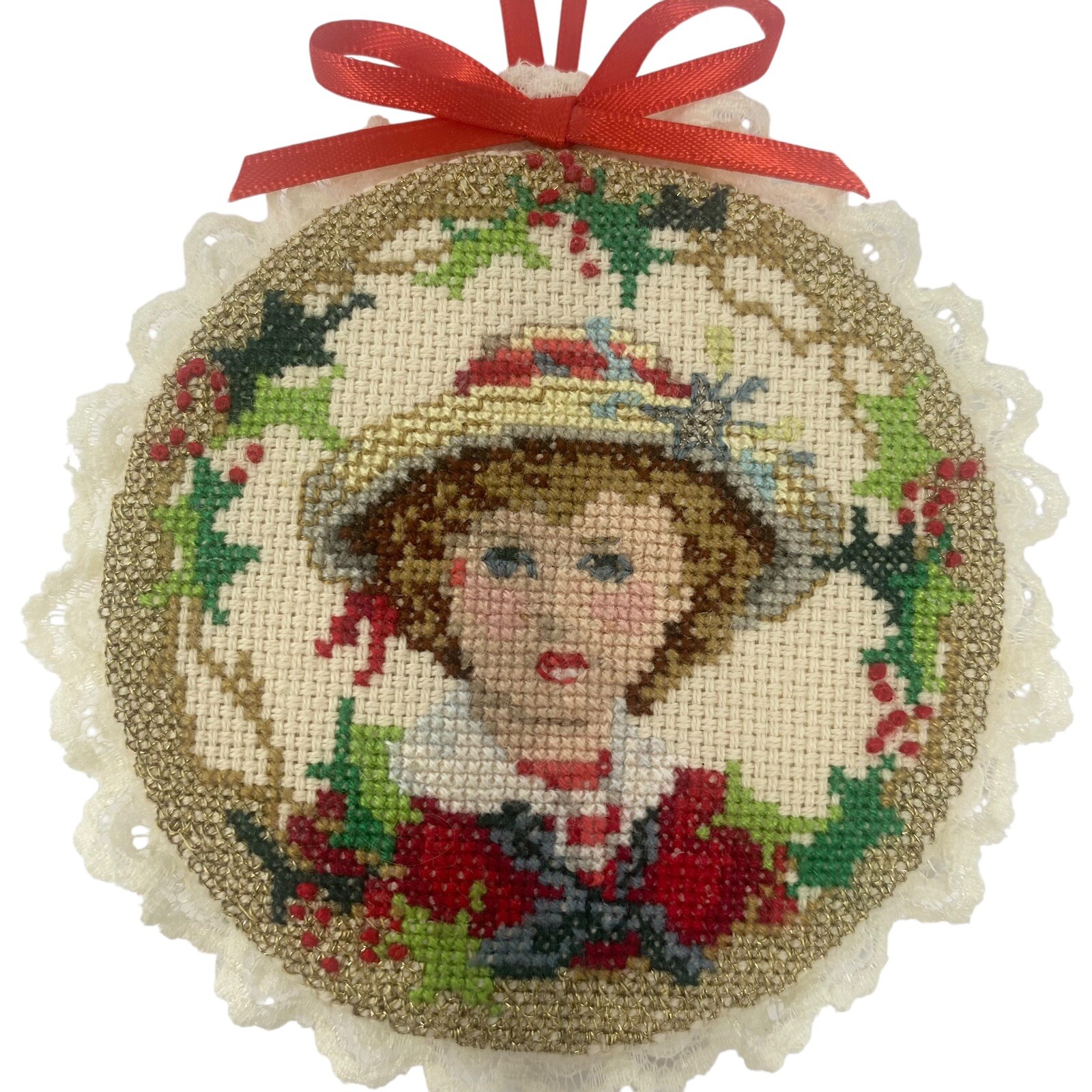 Vintage Needlepoint Victorian Boy and Girl Ornaments Finished Handcrafted lot 2