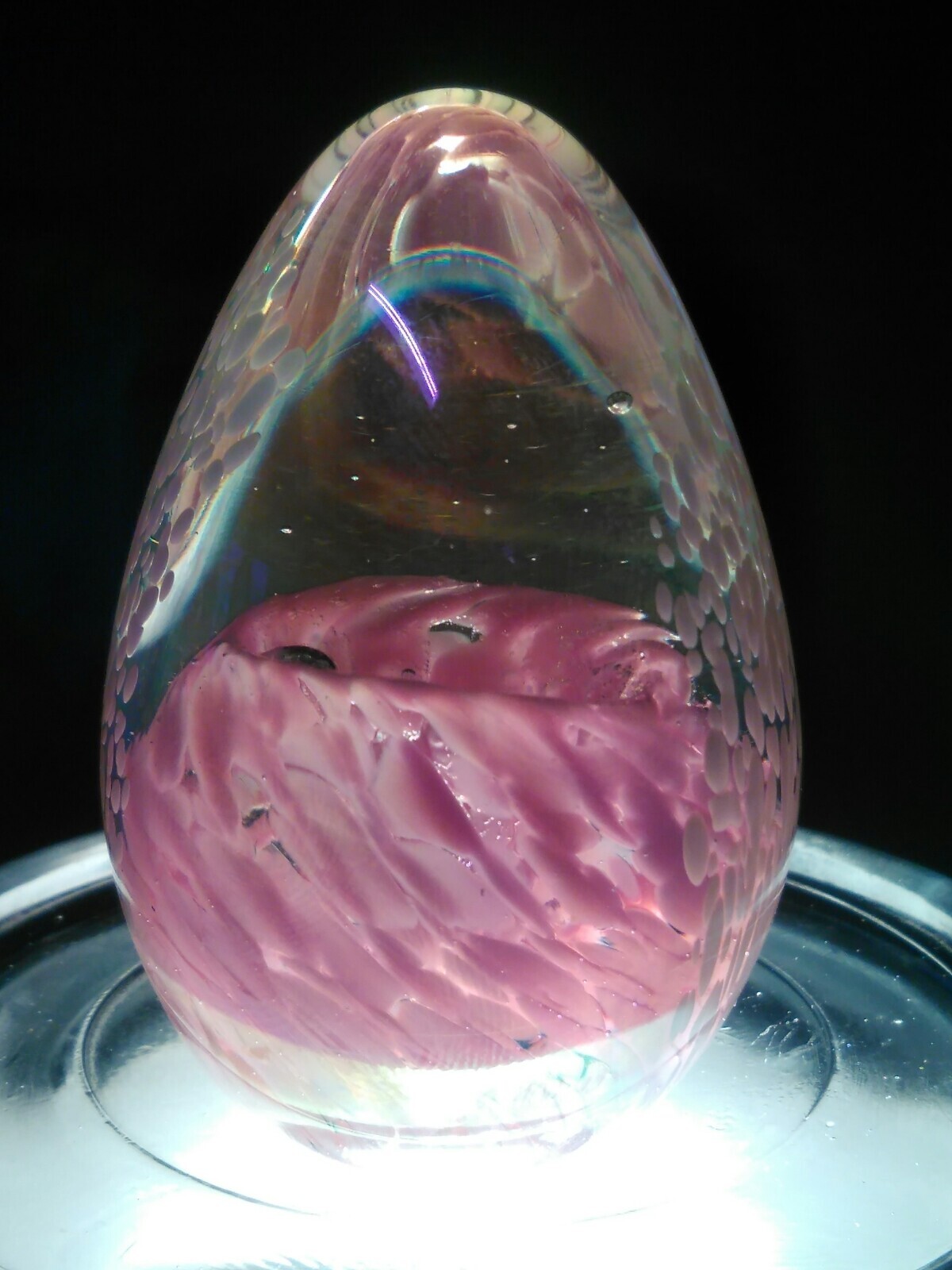 ART GLASS EGG PAPERWEIGHT PINK, WHITE, AND CLEAR