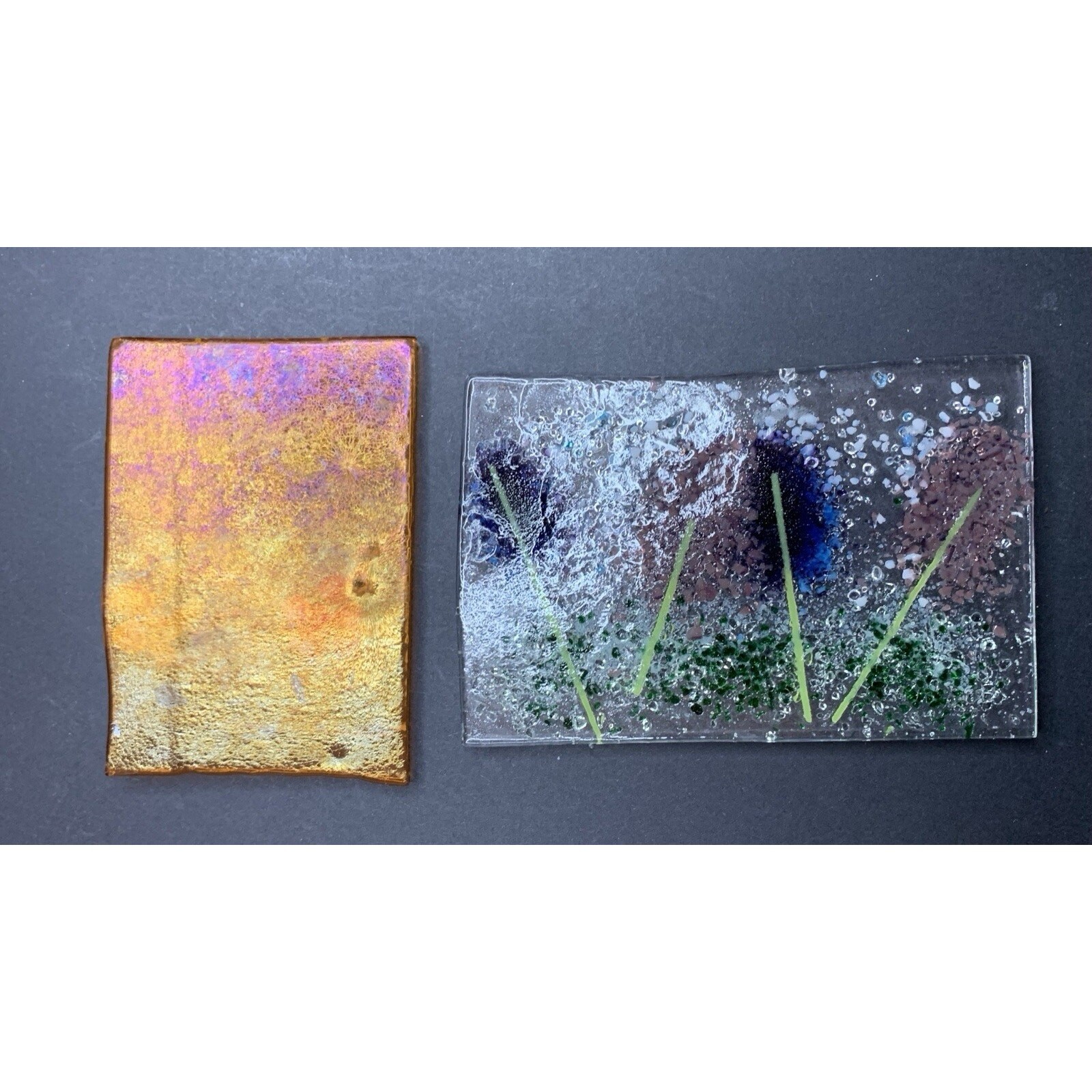 Fused Glass Art Slab Lavender Purple Flowers Picture Handmade Iridescent Mini