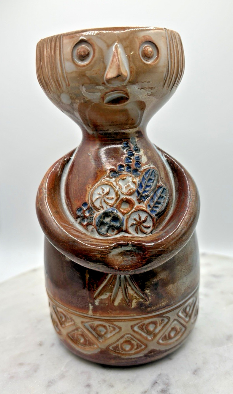 Vintage Vase Pottery With Face And Flowers La Maison du Potier 6.75″