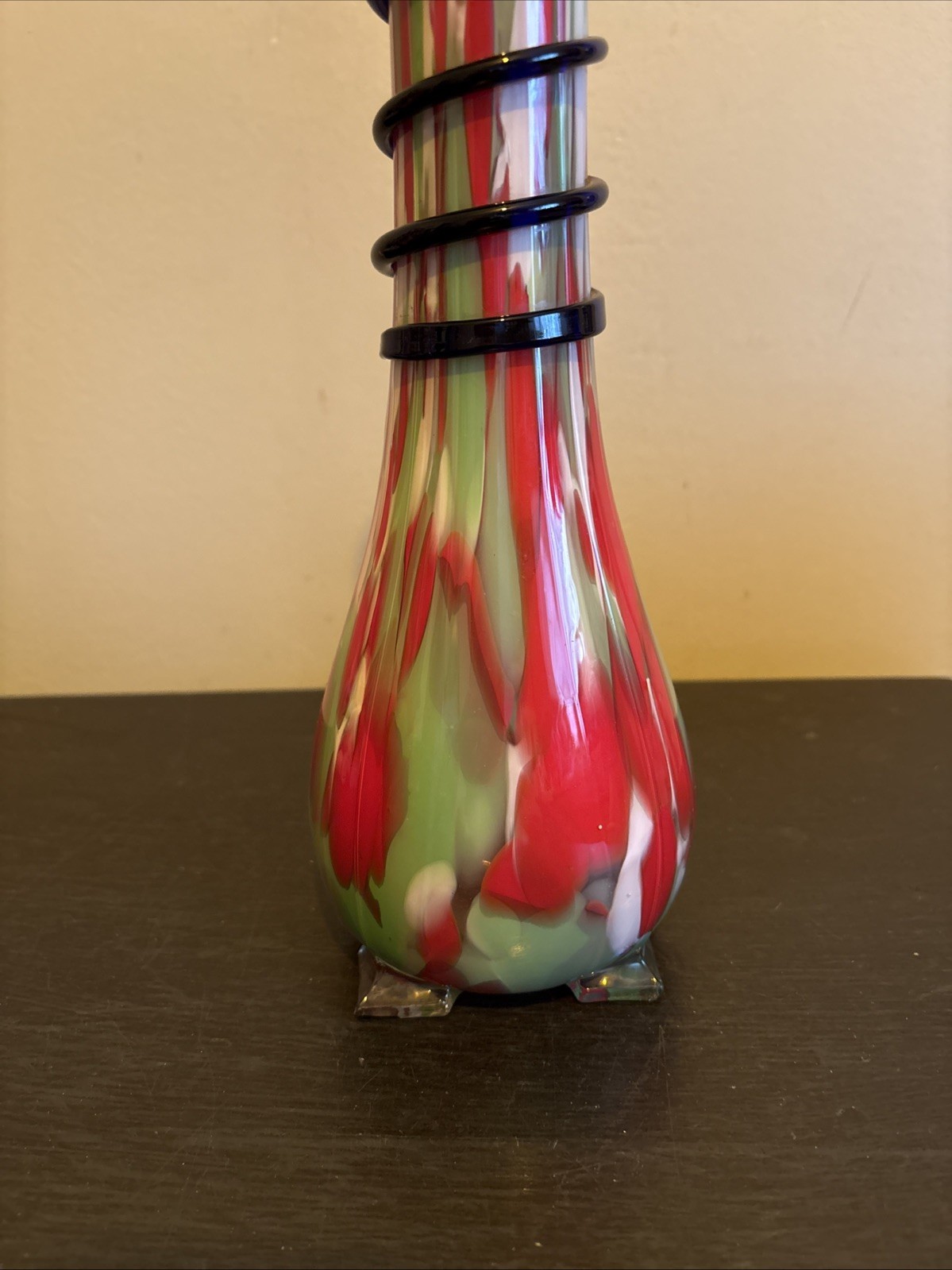 Czech Art Glass End Of Day Ribbed Serpentine Snake Coil Vase Red Green White 12”