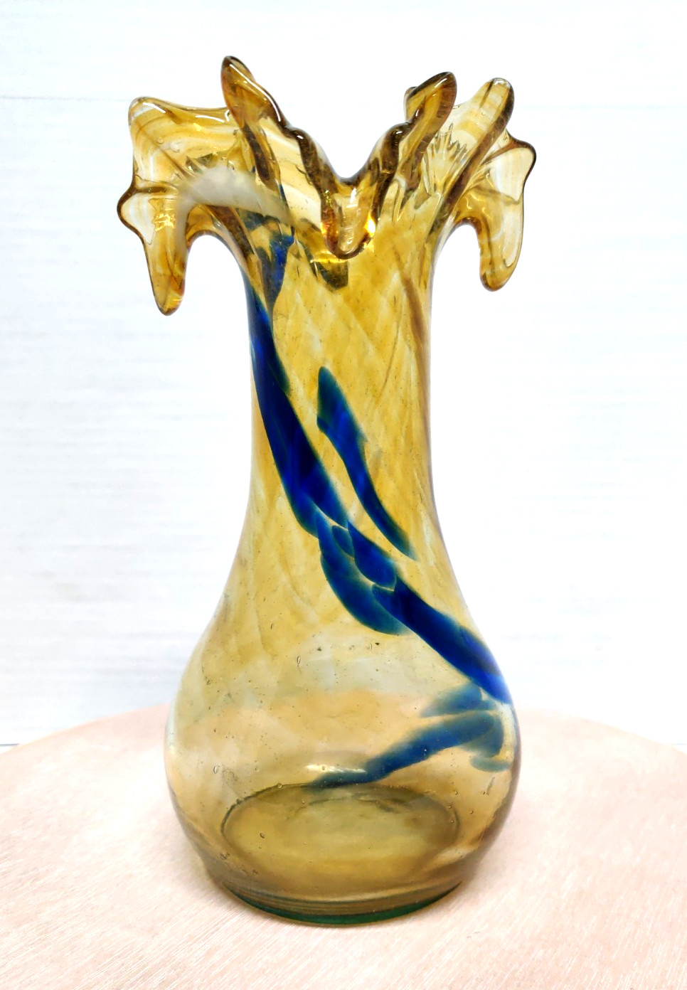 Hand Blown Ruffled Edge Swirl Pattern Art Glass Amber Blue Multicolor Vintage