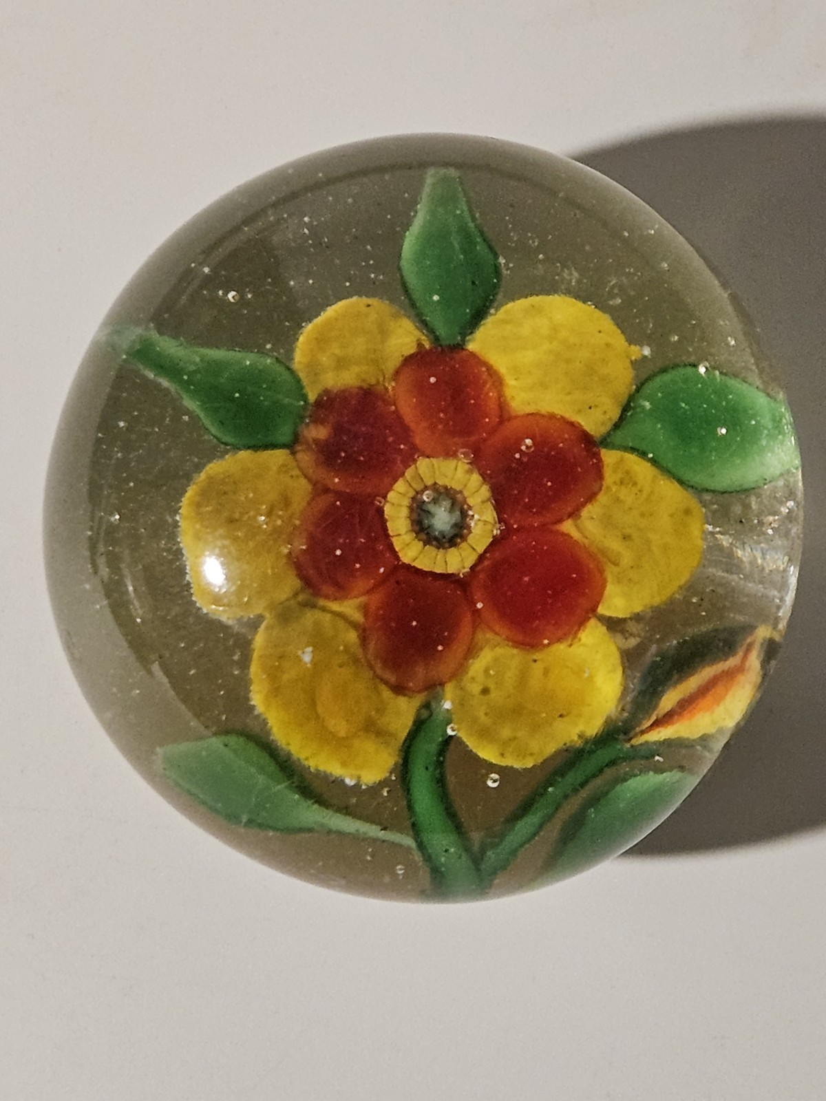 Old Chinese Two Color Fantasy Flower Glass Paperweight with Leaves and Bud 2.75″