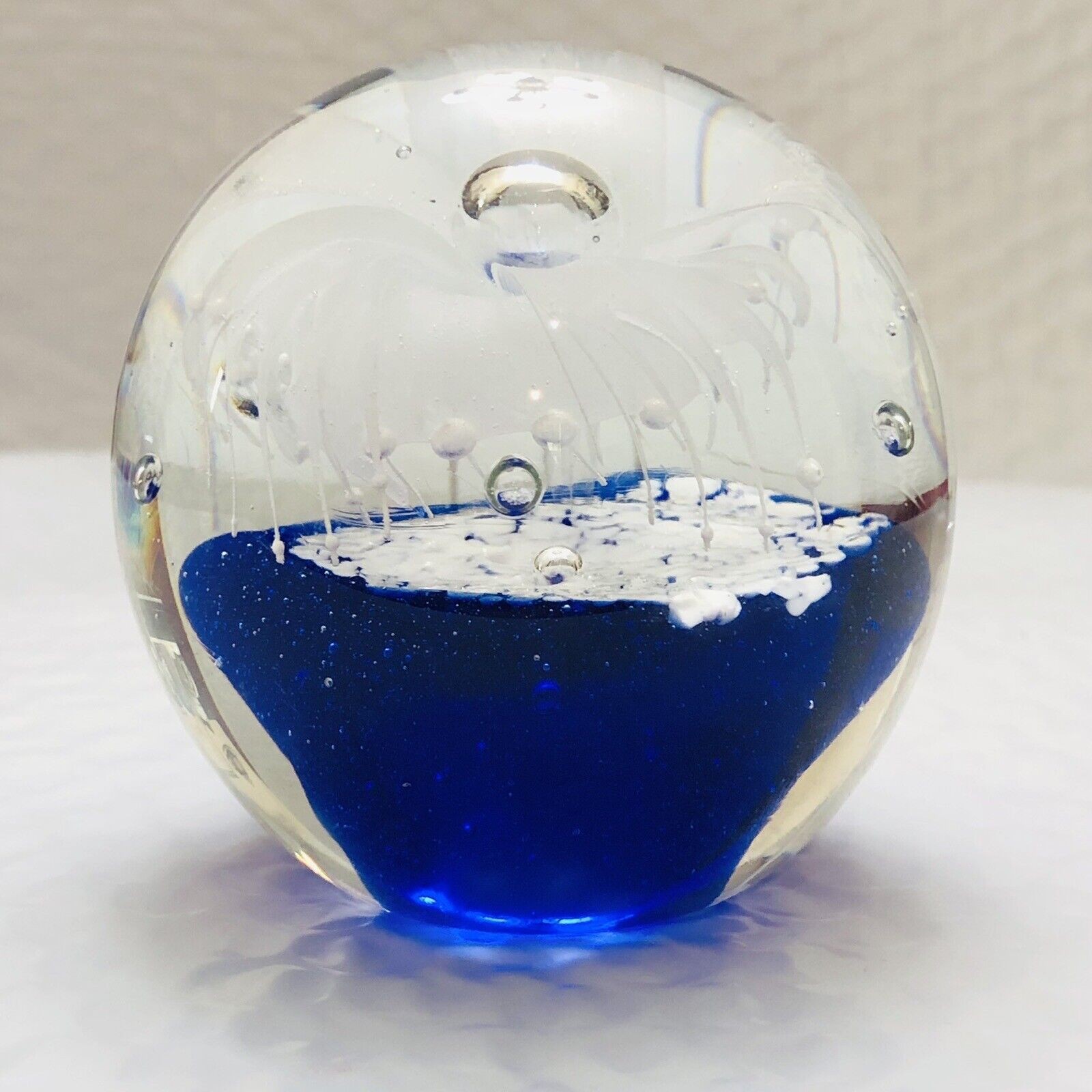 Blown Art Glass Paperweight White Lily Flower Cobalt BL. Silvestri Gift Decor ￼￼