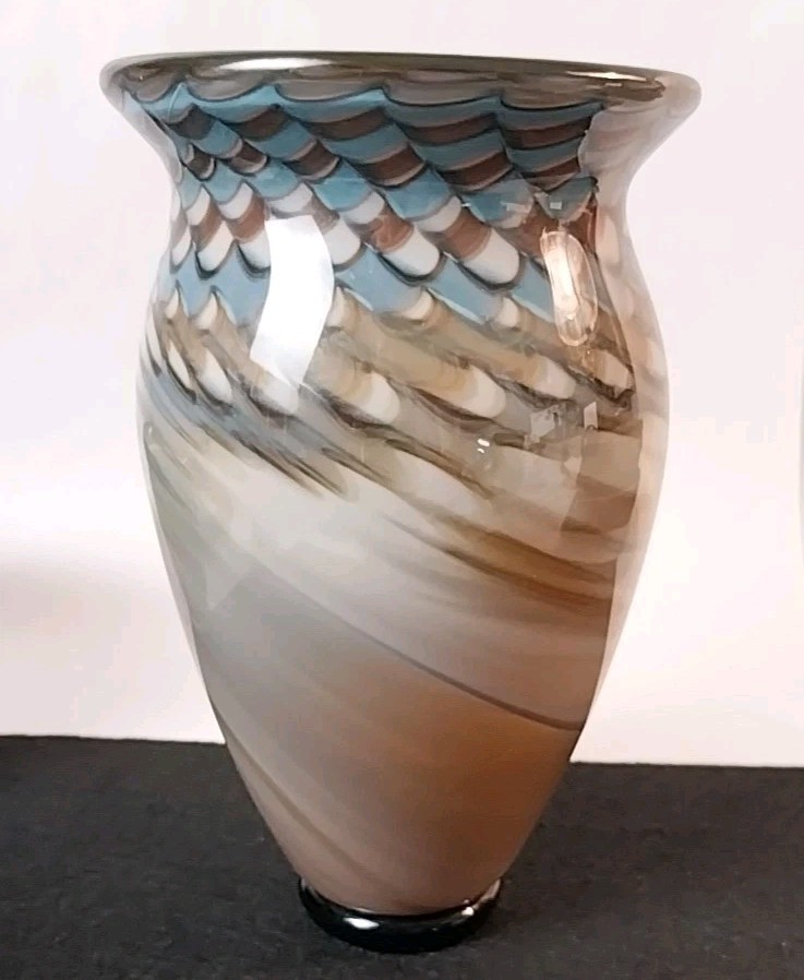VTG Signed Nancy Freeman Art Glass Vase Peacock Feather 6.5″ Amazing & Perfect!!