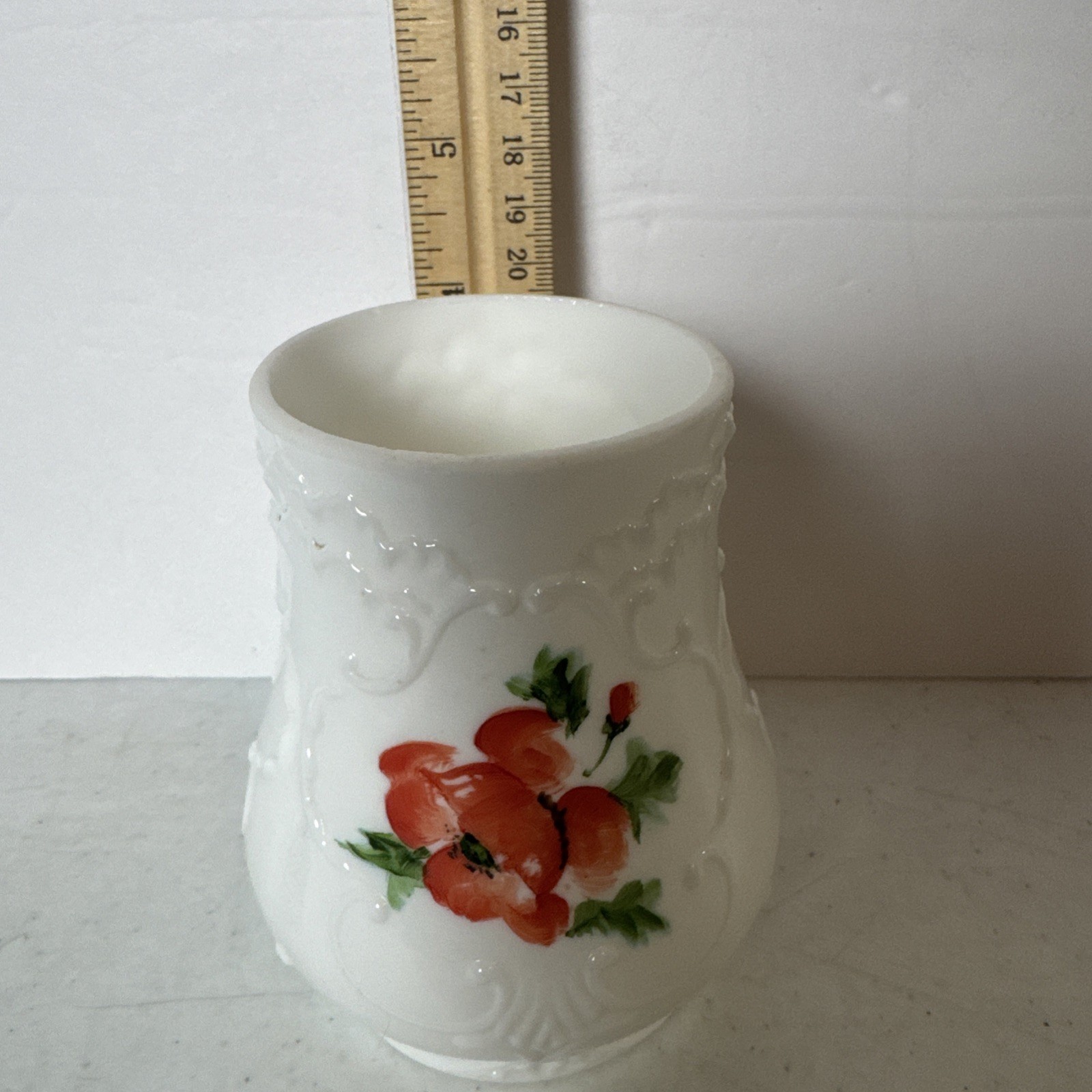 Vase White Milk Glass Handpainted with Red Roses & Scrolls 4-1/2 in.