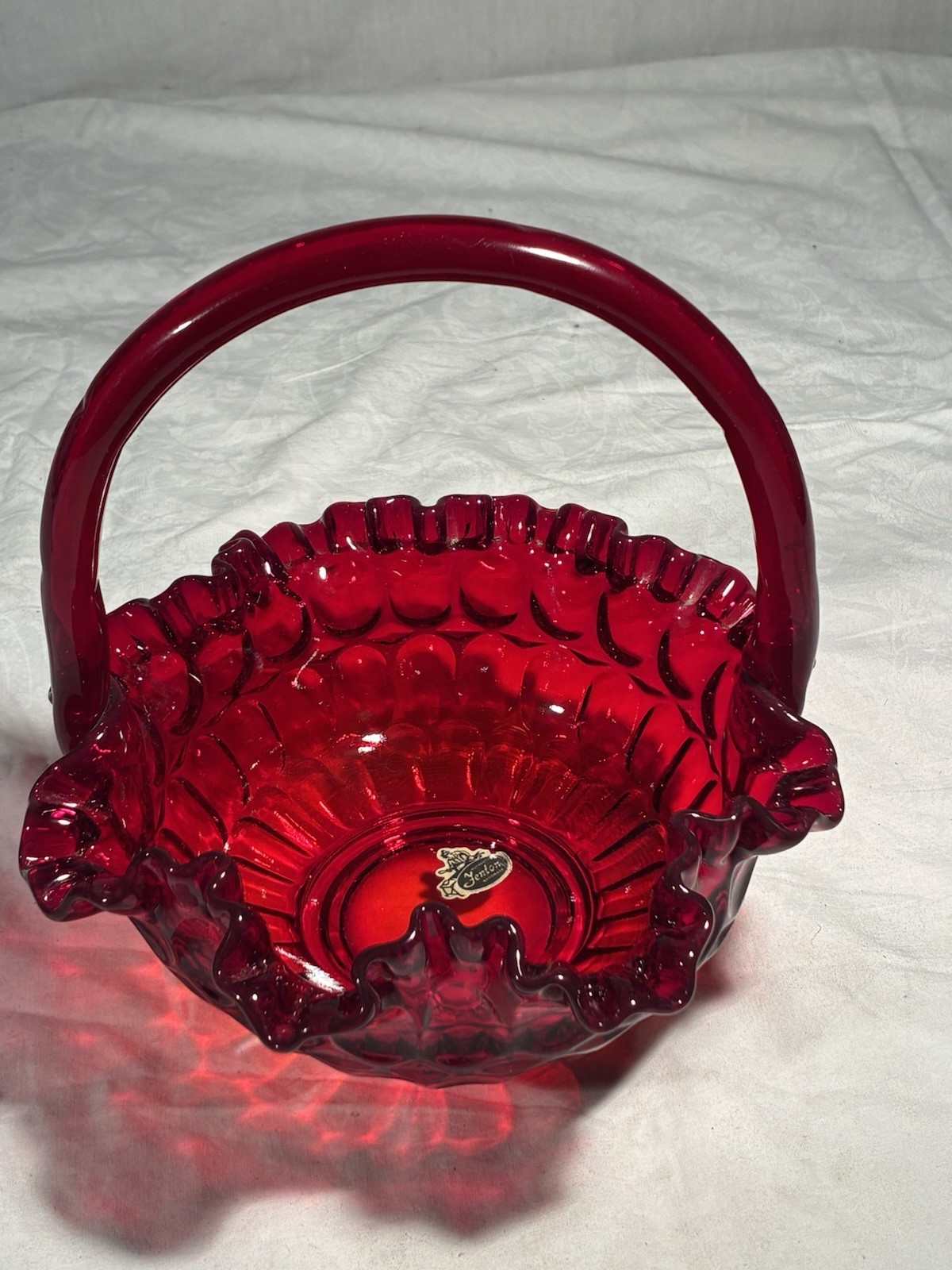 Vintage Fenton Glass Ruby Red Thumbprint Ruffled Colonial Handle BASKET 8.5″