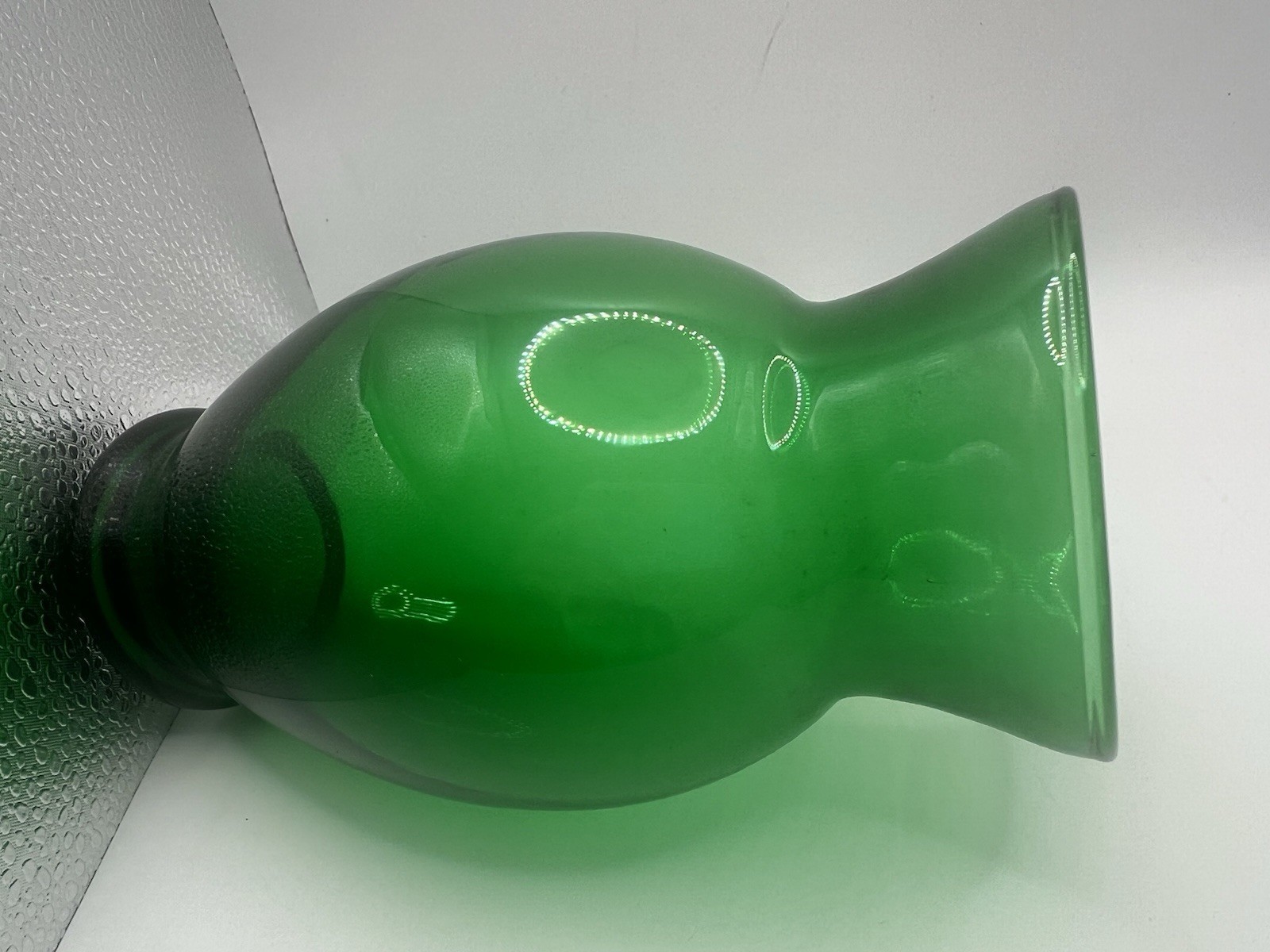 Set of 2 Mismatched Unbranded Green Glass Vases. Large 8.75” T, Small 6.25” Tall