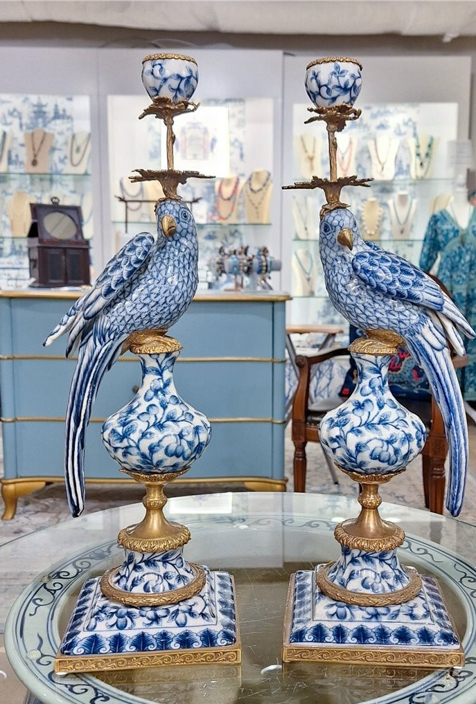 PORCELAIN PARROT CANDLE HOLDER WITH BRONZE ORMOLU- BLUE AND WHITE (LEFT)-19”H