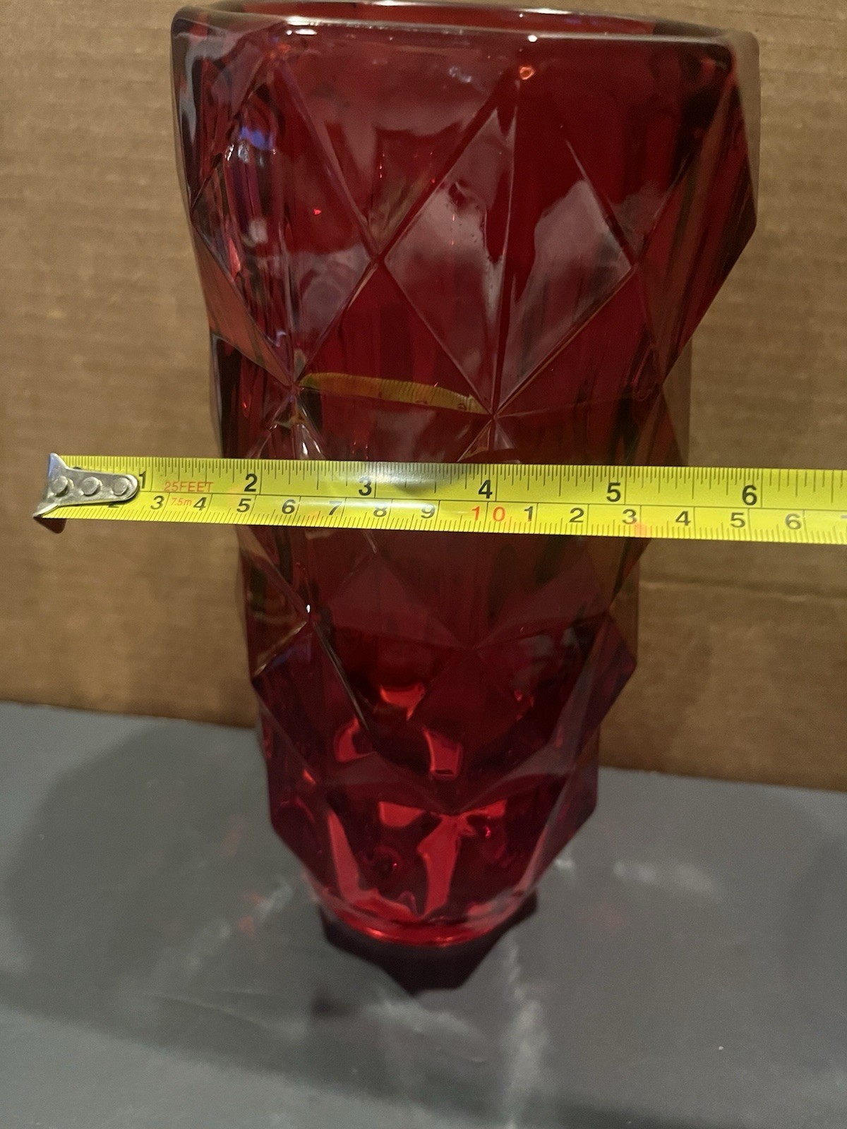 Ruby Red Ribbed Diamond Pattern Crystal Glass Vase Heavy Elegant Quality .