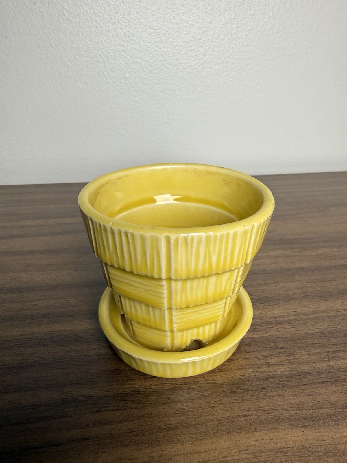 Vintage McCoy Pottery Yellow Basketweave 3″ Flower Pot w/ Attached Saucer