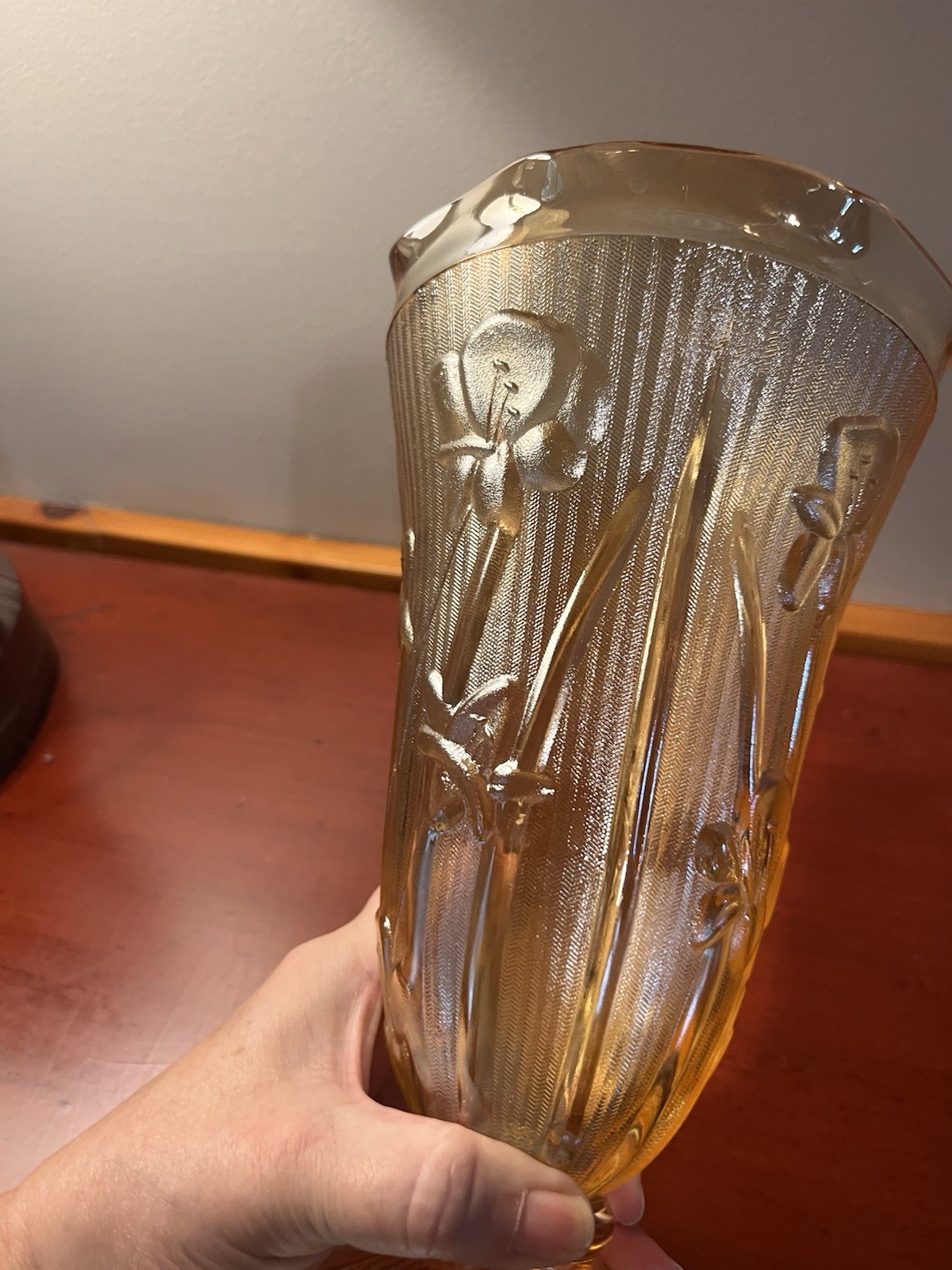 Vintage Jeannette Glass “Iris and Herringbone” pattern carnival glass vase