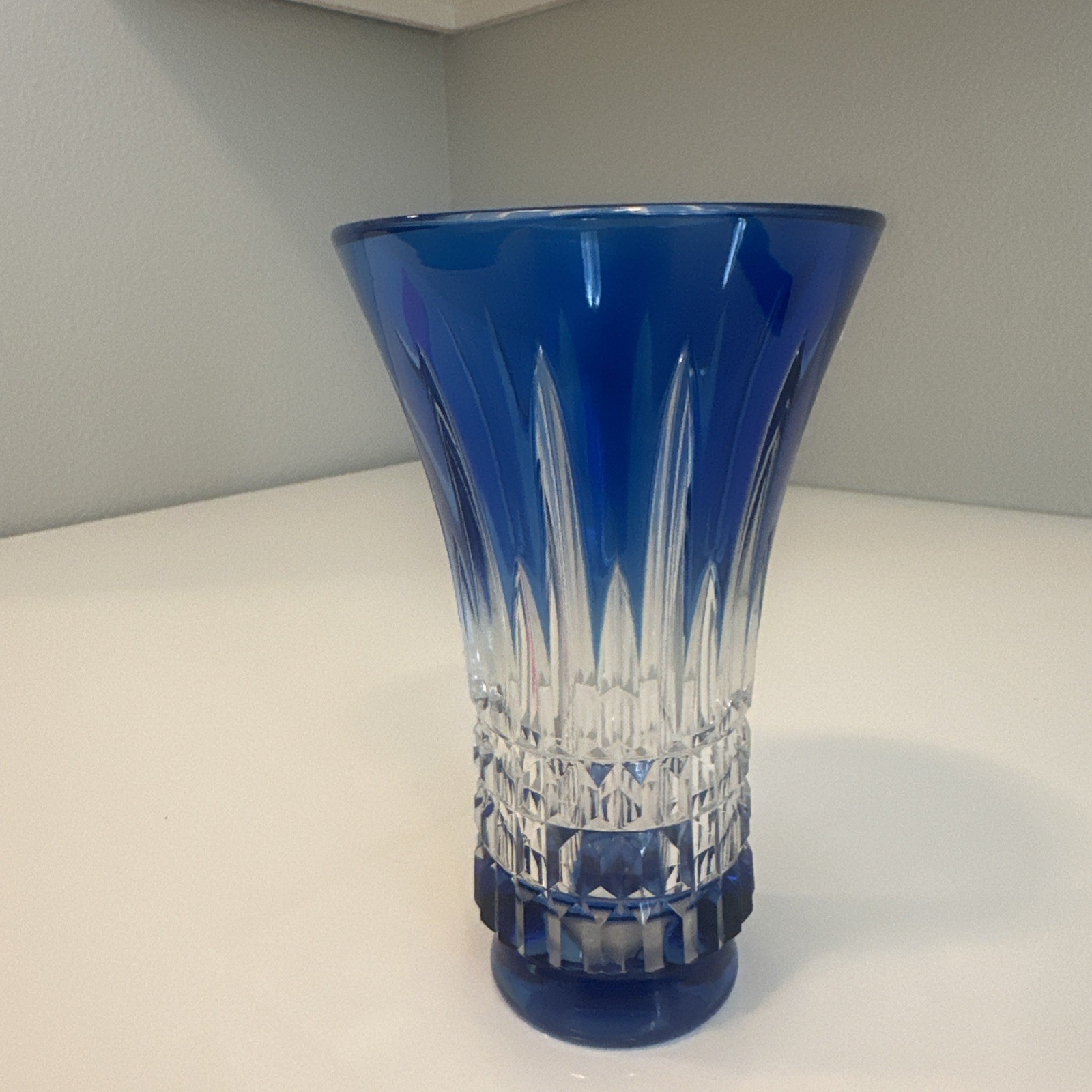 Val St Lambert Signed Cobalt Blue & Clear Crystal 6″ Vase ~ EXQUISITE!