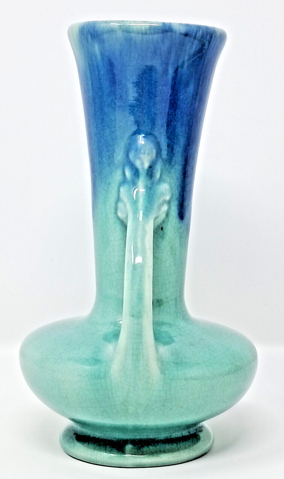 Pittsville Pottery Ceramic Vase 7″ tall bicolor blue 1930s double handle vintage
